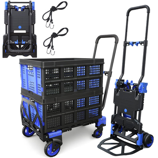 2 in 1 Folding Hand Truck with 2 Folding Basket,330lbs Capacity Heavy Duty Hand Truck,with Telescoping Handle and Rubber Wheels,Portable Dolly Cart with Bungee Cords for Moving,Travel,Shopping