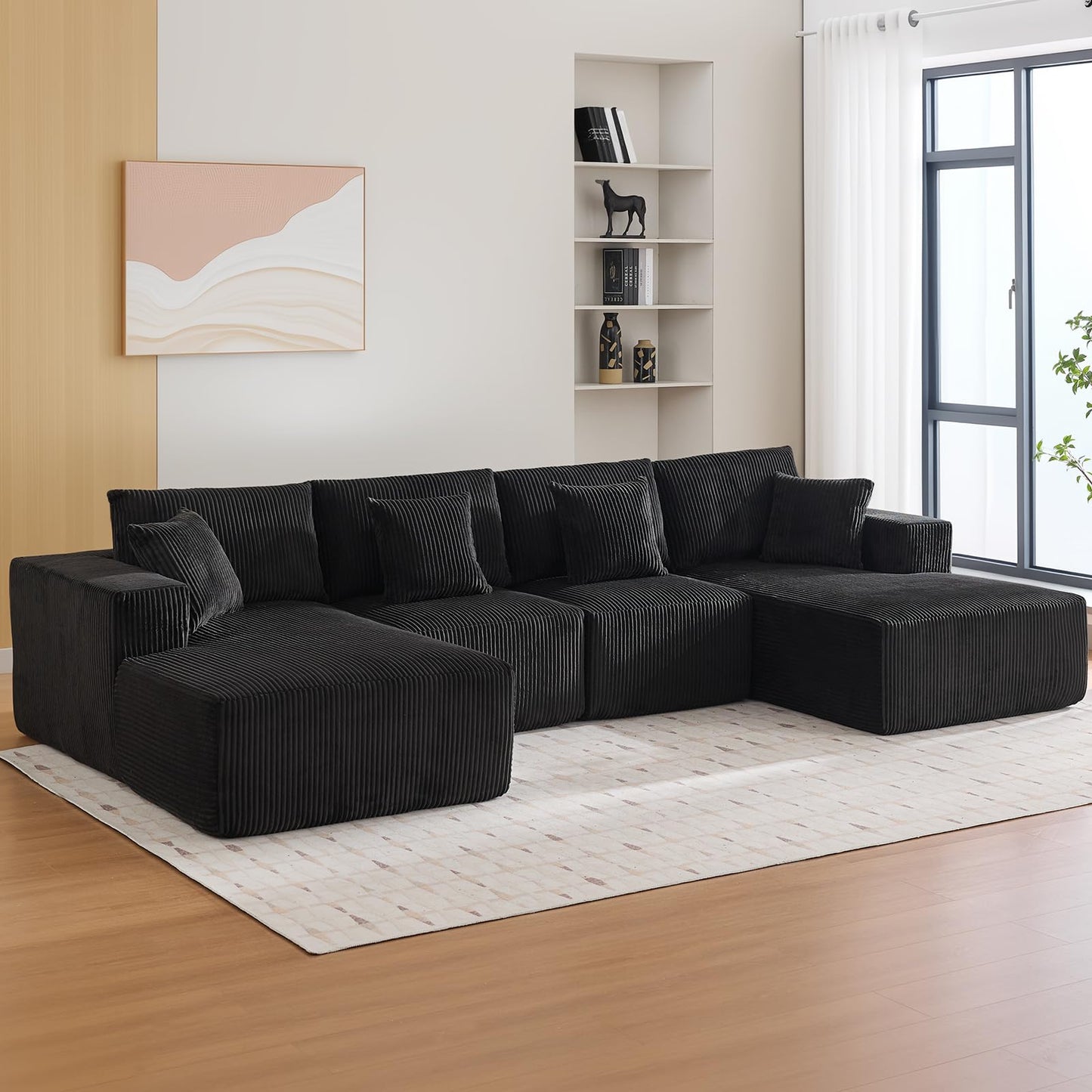 137" Modular Sectional Sofa, U-Shape Cloud Couch with Chaise, Deep Seat, Armrests and Plush Corduroy Fabric, No Assembly Required, Boneless Compression Sectional Couch for Living Room, Black