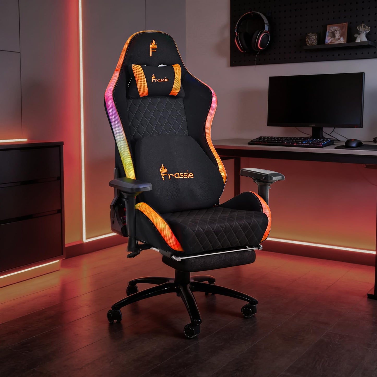 Frassie RGB Gaming Chair with Footrest and LED Lights, High Back Reclining Video Game Chair Ergonomic Computer Gamer Chair with Lumbar Support