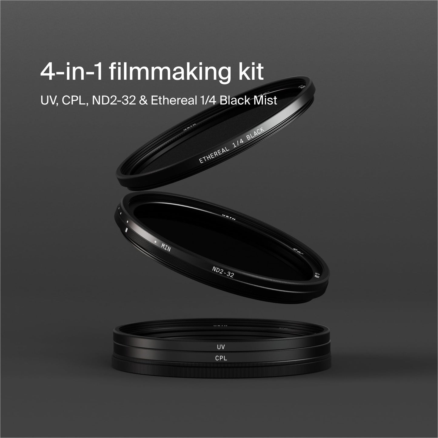 Urth 72mm Cinematic 4-in-1 Lens Filter Kit (Plus) - UV, Circular Polarizing (CPL), Variable Neutral Density ND2-32, ¼ Black Mist, Multi-Coated Optical Glass, Ultra-Slim Camera Filters
