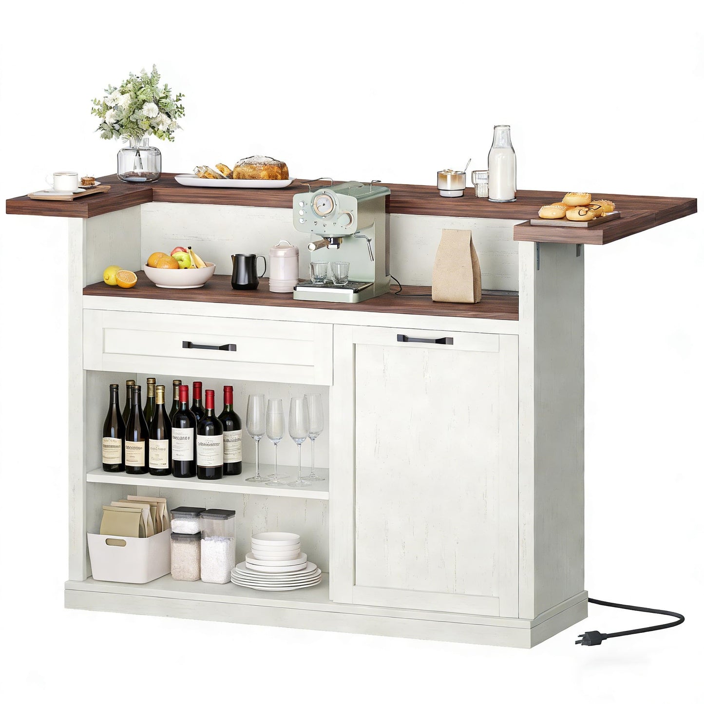Homiflex Bar Cabinet, 55" Kitchen Island with Storage, Breakfast Bar Table with Drop Leaf, Bar Height Table with Power Outlet and Trash Can Cabinet, Mobile Island Table for Kitchen, Home, Rustic White
