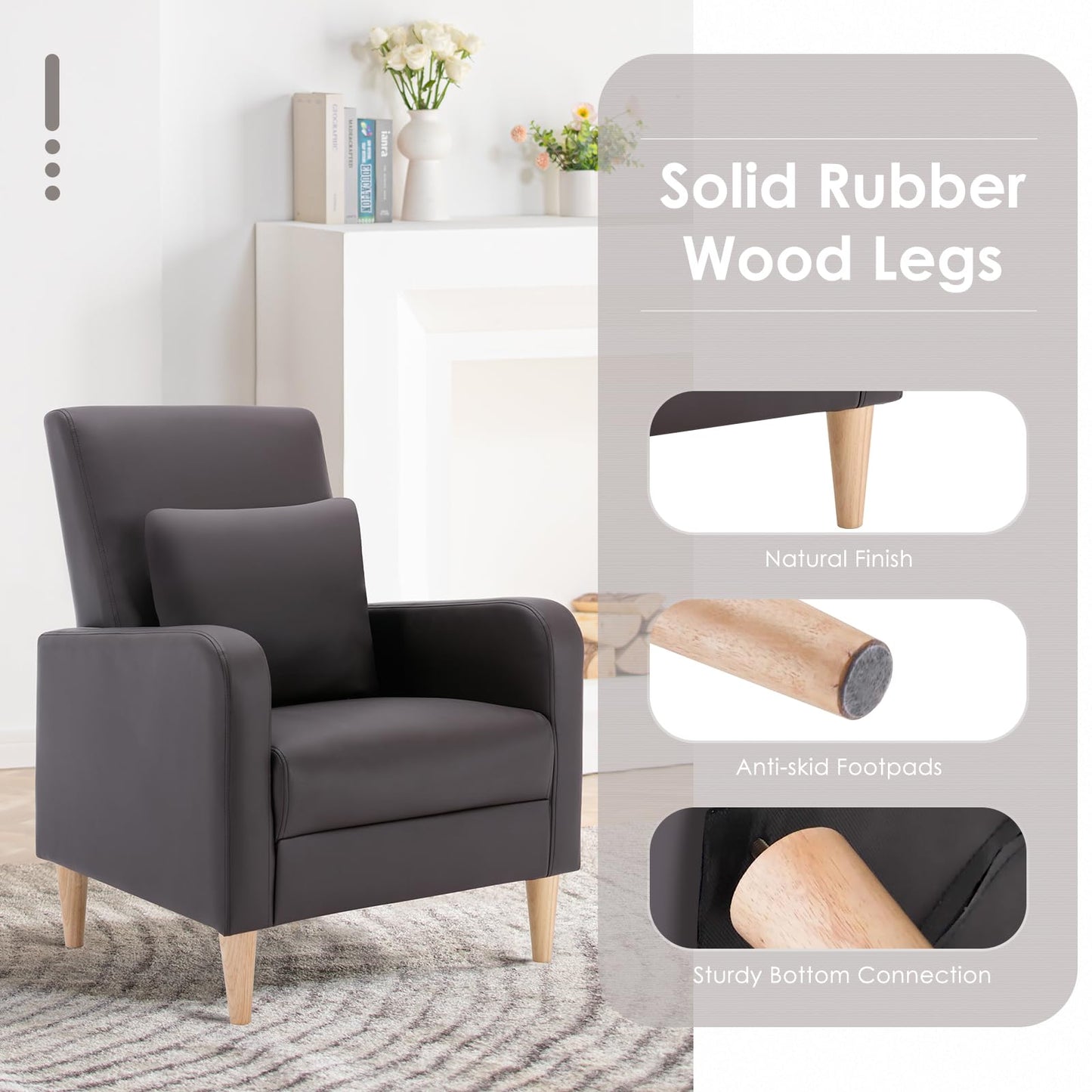 COLAMY Modern Accent Living Room Chairs Set of 2, Upholstered Faux Leather Armchairs Reading Side Chair, Single Sofa with Back Pillow and Wood Legs, Brown