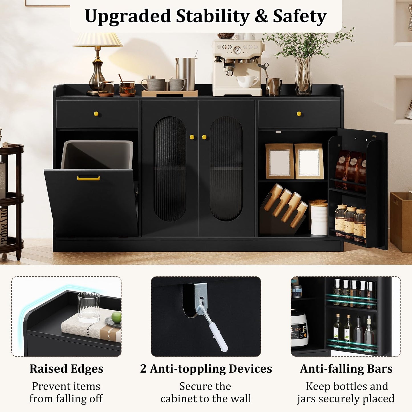 Giantex 55" Farmhouse Buffet Cabinet, Large Credenza w/Hidden Tilt Out Trash Can, 2 Glass Doors, 2 Drawers & Adjustable Shelves, Modern Sideboard Coffee Bar Cabinet for Kitchen, Dining Room (Black)