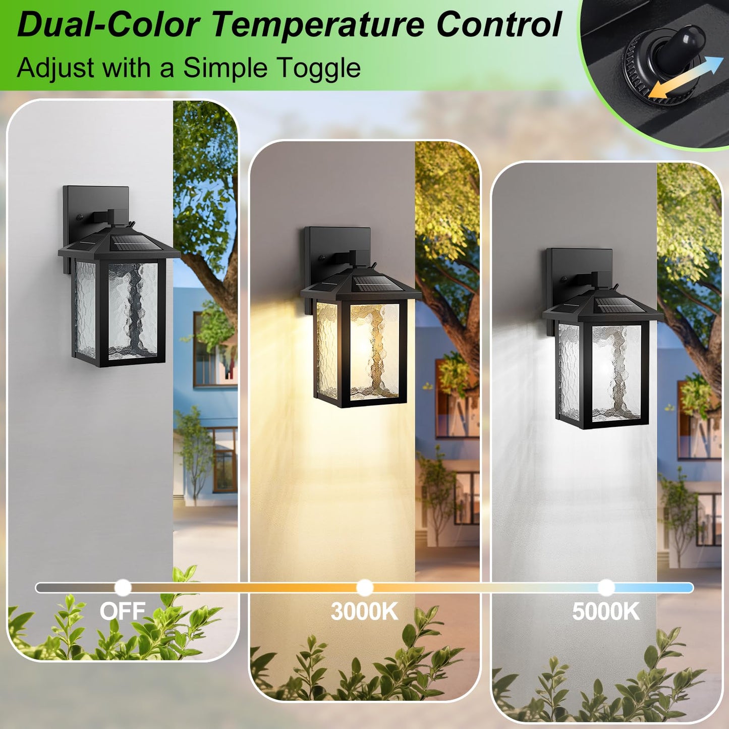 BesLowe Solar Wall Lights, 3000K/5000K Adjustable, Wireless LED Lantern Sconce, Black, Model YM-3161, 2-Pack