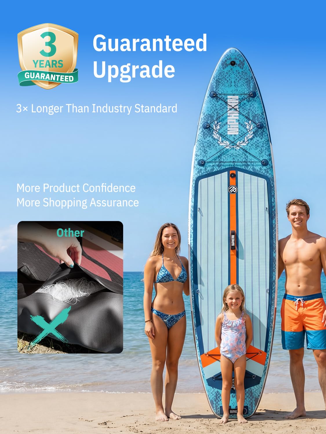Niphean (Extra Large) Inflatable Paddle Board, SUP for 2+1 People/Family 500lbs Capacity Stand Up Paddle Board with SUP Accessories, StabilTrac Fin Non-Slip Paddleboard for Adults-Blue
