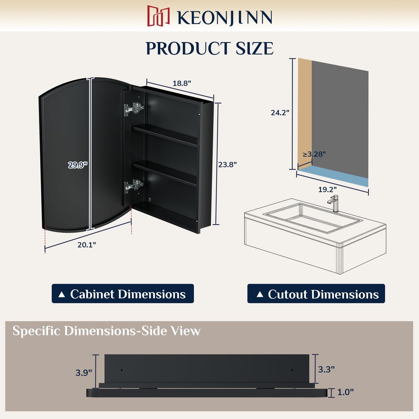 Keonjinn Black Medicine Cabinet with Mirror 20” x 30”, Metal Framed Wall Cabinet with Beveled Mirror, Surface Mount or Recessed Arched Medicine Cabinet for Bathroom,Bathroom Mirror with Storage