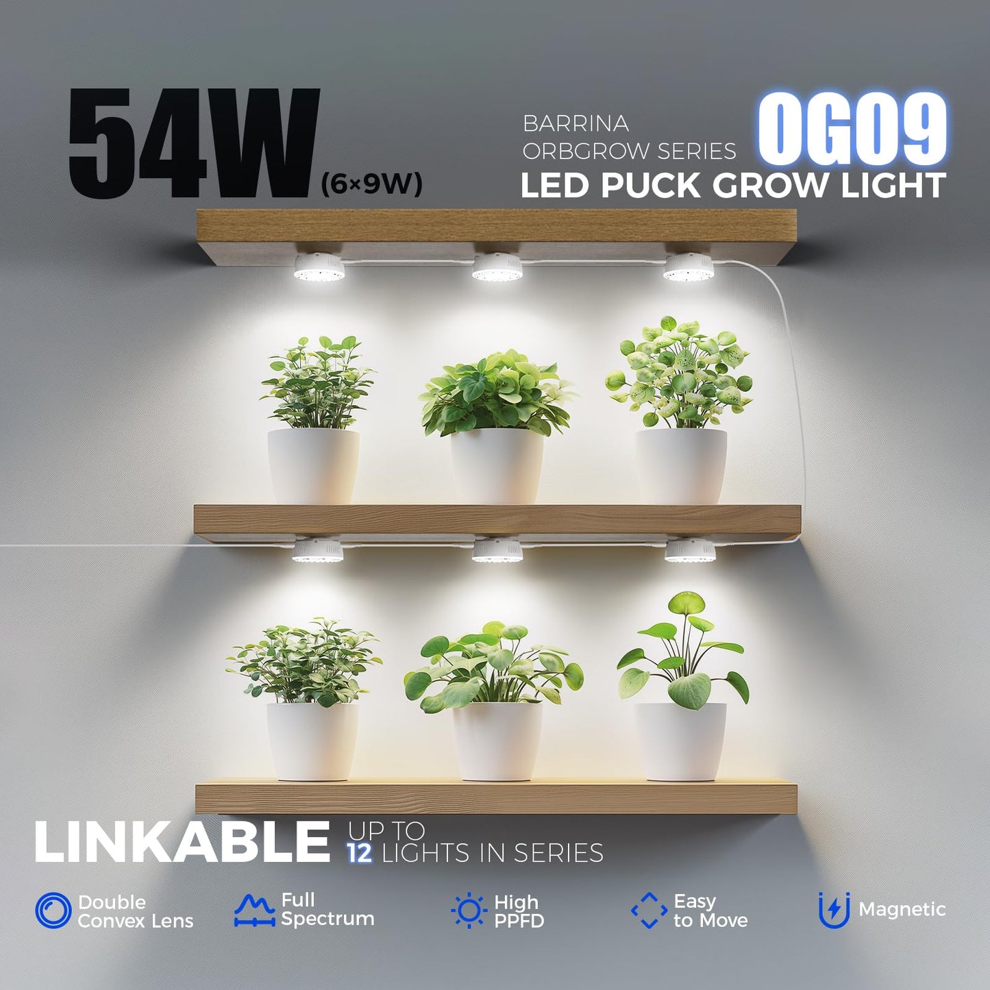 Barrina OG09 Puck LED Grow Light, Full Spectrum, 54W, 5000K, 6 Packs, Aluminum, Magnetic & Linkable for Indoor Plants