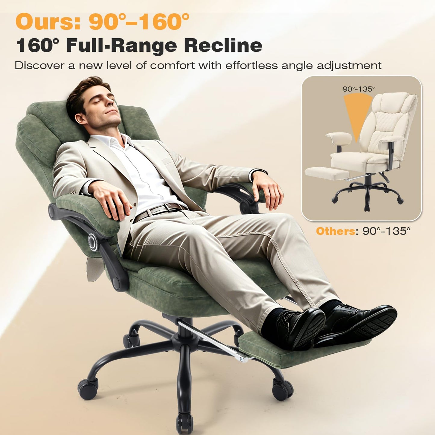 linting 400lbs Ergonomic Reclining Office Chair with Footrest, Plus Size Big Tall Leather Recliner Office Desk Chairs with Foot Leg Rest, Green
