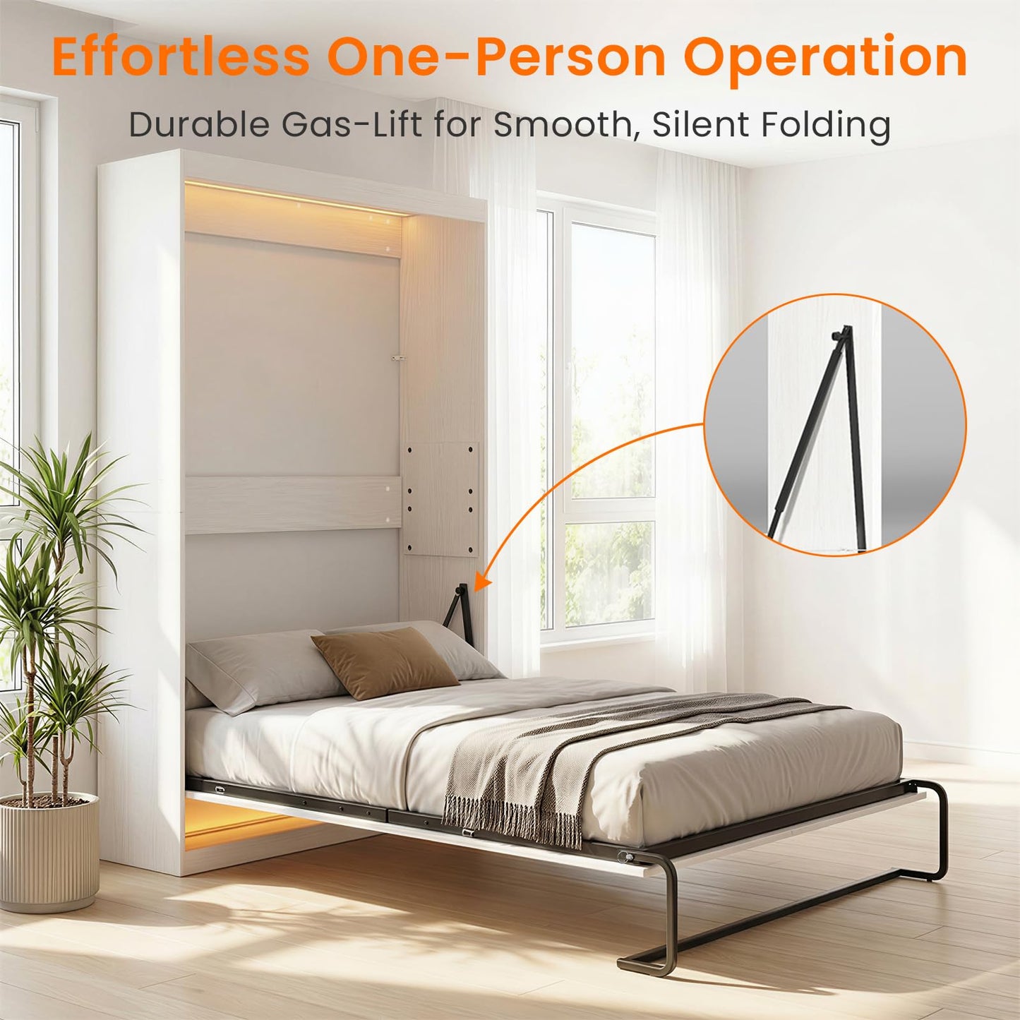 CECER Queen Size Wall Murphy Bed with LED Lights，Queen Murphy Cabinet Beds with Gas Struts，Space-Saving Wall Beds Cabinet Bed for Guest Room/Bedroom-White