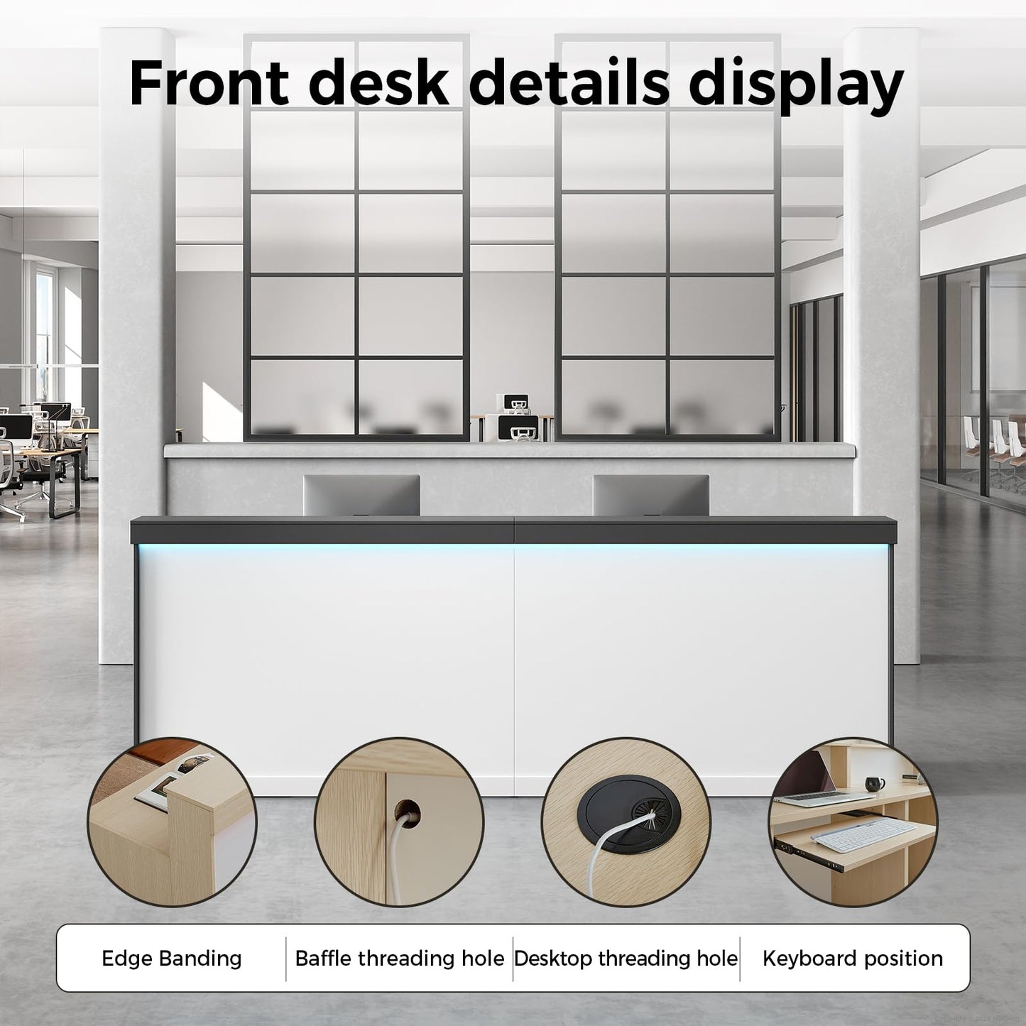 Nuipesn 87" Modern Reception Desk with LED Light, Lockable Drawer & Storage Shelves, Front Desk Counter for Salon, Spa, Office or Retail Store, Gray