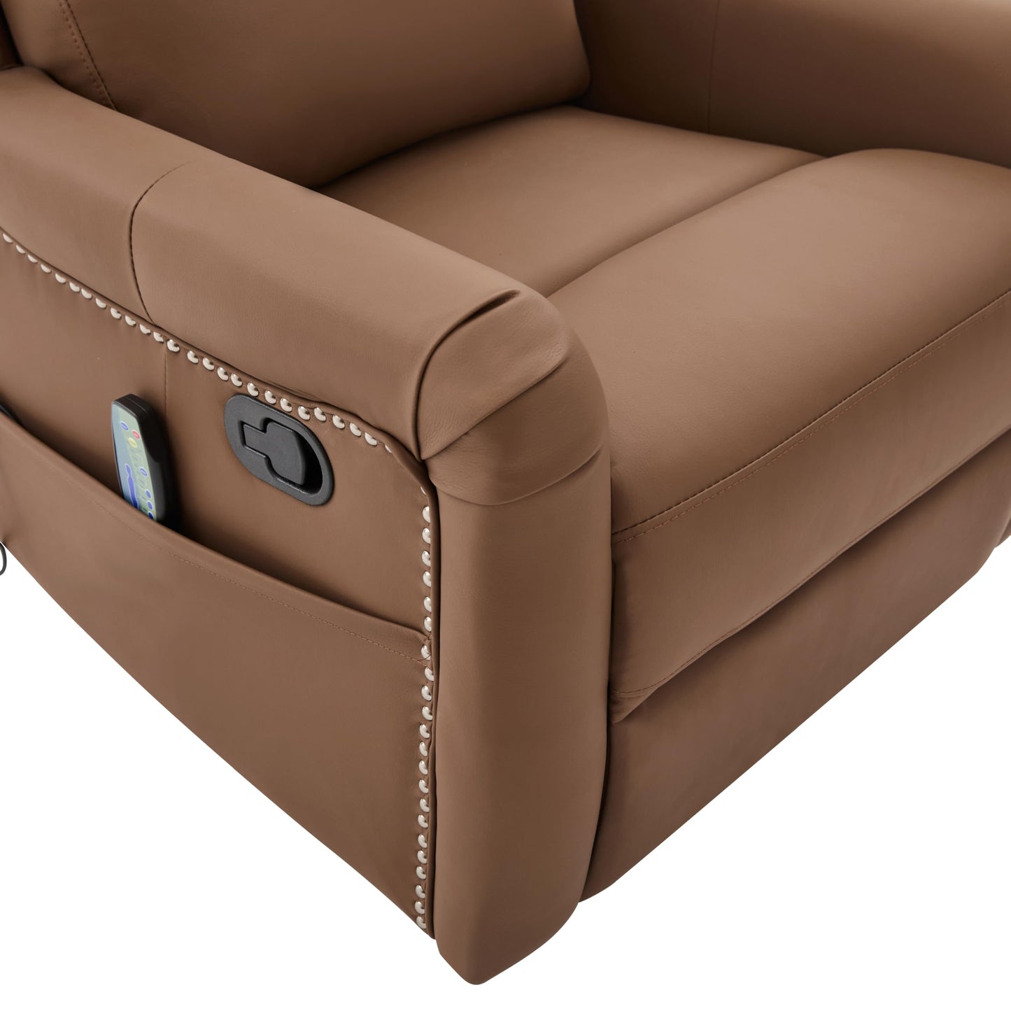Merax Modern Manual Recliner Chair with Massage & Heat, 270° Swivel Rocking Chair, PU Leather Upholstered Home Theater Recliner with Storage Pocket, Adjustable Backrest for Living Room, Brown