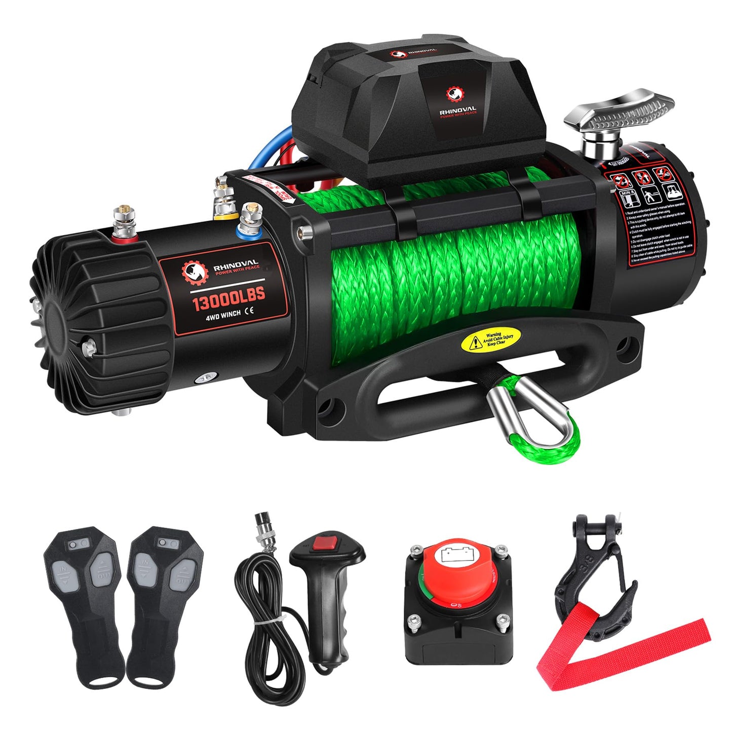 RHINOVAL 13000lb Electric Winch, Synthetic Rope Green, Battery Disconnect Switch, Low Profile Control Box, 12V, IP67 Waterproof, Wireless Remote, SUV, Truck, Boat Trailer. (RH13000A-G)