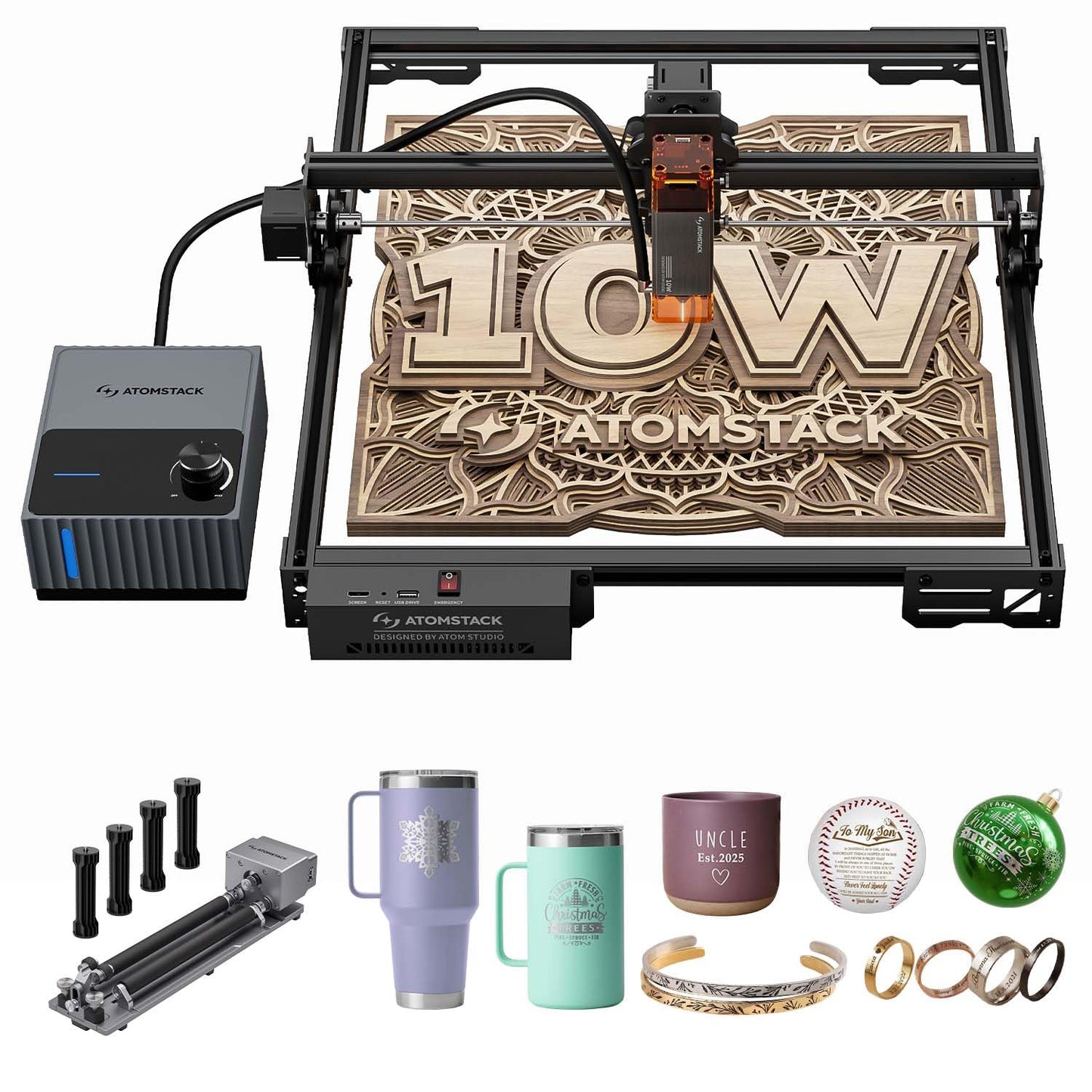 ATOMSTACK A10 Pro V2 10W Laser Engraver with Auto Air Assist & R6 Rotary Roller, 0.06mm High Accuracy Laser Cutter for Wood and Metal, Professional DIY Laser Engraving Machine with Eye Protection