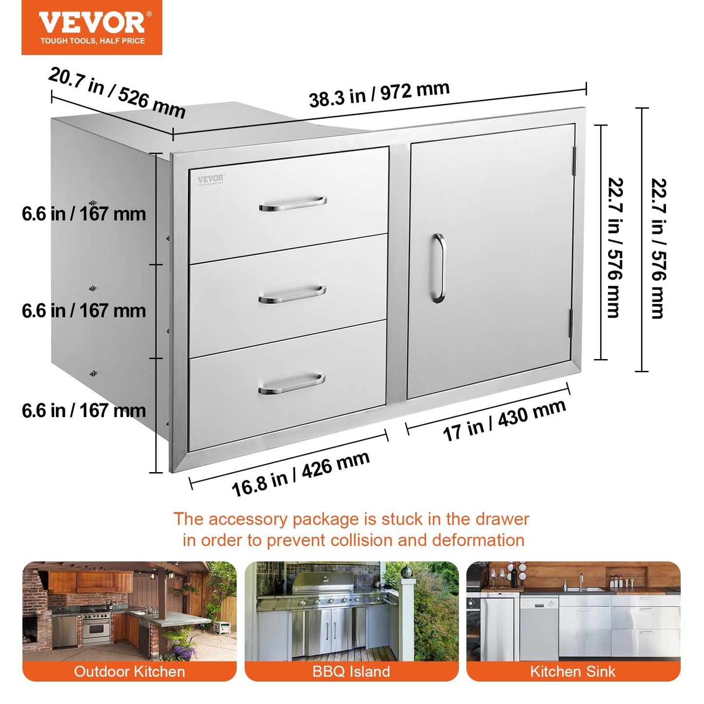 Vevor Outdoor Kitchen Door Drawer Combo 38.1''W x 22.6''H x 20.8''D, BBQ Access Door/Triple Drawers Combo with Stainless Steel Handles, Perfect for BBQ Island Patio Grill Station