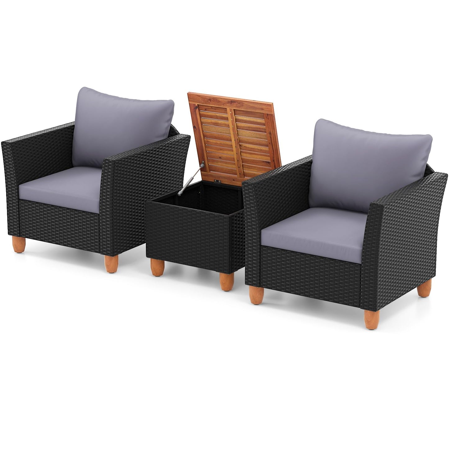 Tangkula 3 Pieces Patio Porch Furniture Set, PE Rattan Wicker Chair Conversation Set with Cushions and Storage Table, Outdoor Acacia Wood Bistro Set for Garden, Poolside (Grey)