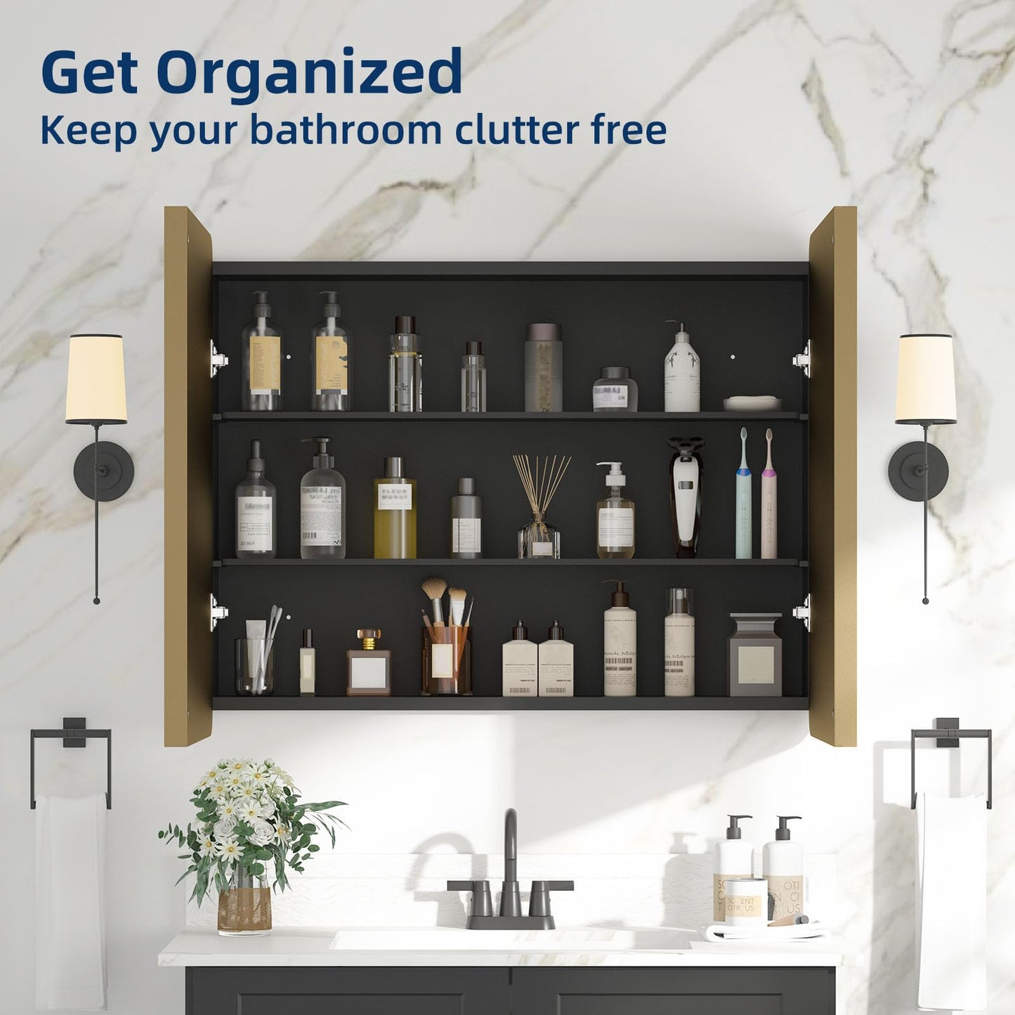 YTSMIR Bathroom Medicine Cabinet with Mirror 24 x 30 Inch, Brush Gold Medicine Cabinet Recessed or Surface Wall-Mounted, Mirrored Cabinets with Sturdy Metal Adjustable Shelves for Bathroom Vanity