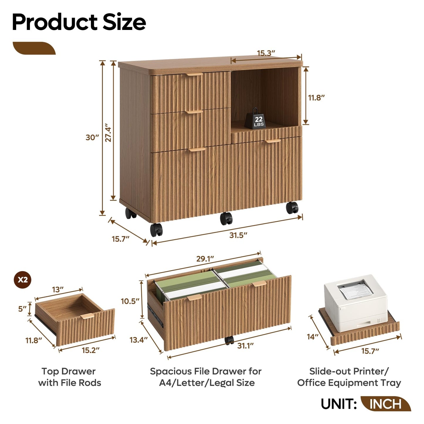 Bestier 3 Drawer File Cabinet, Decorative Fluted Wood Lateral Filing Cabinet with Caster for Home Office, Fits for A4/Letter/Legal-Sized Files, Printer Stand with Open Storage Shelves, Brown