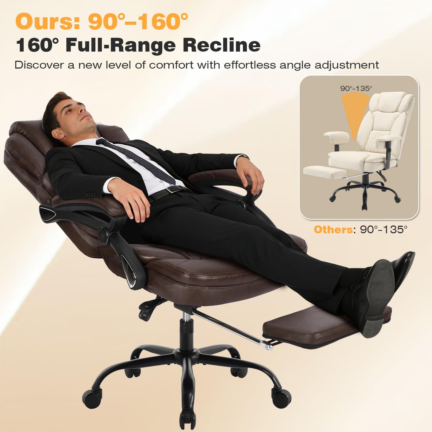 linting 400lbs Ergonomic Reclining Office Chair with Footrest, Plus Size Big Tall Leather Recliner Office Desk Chairs with Foot Leg Rest, Brown