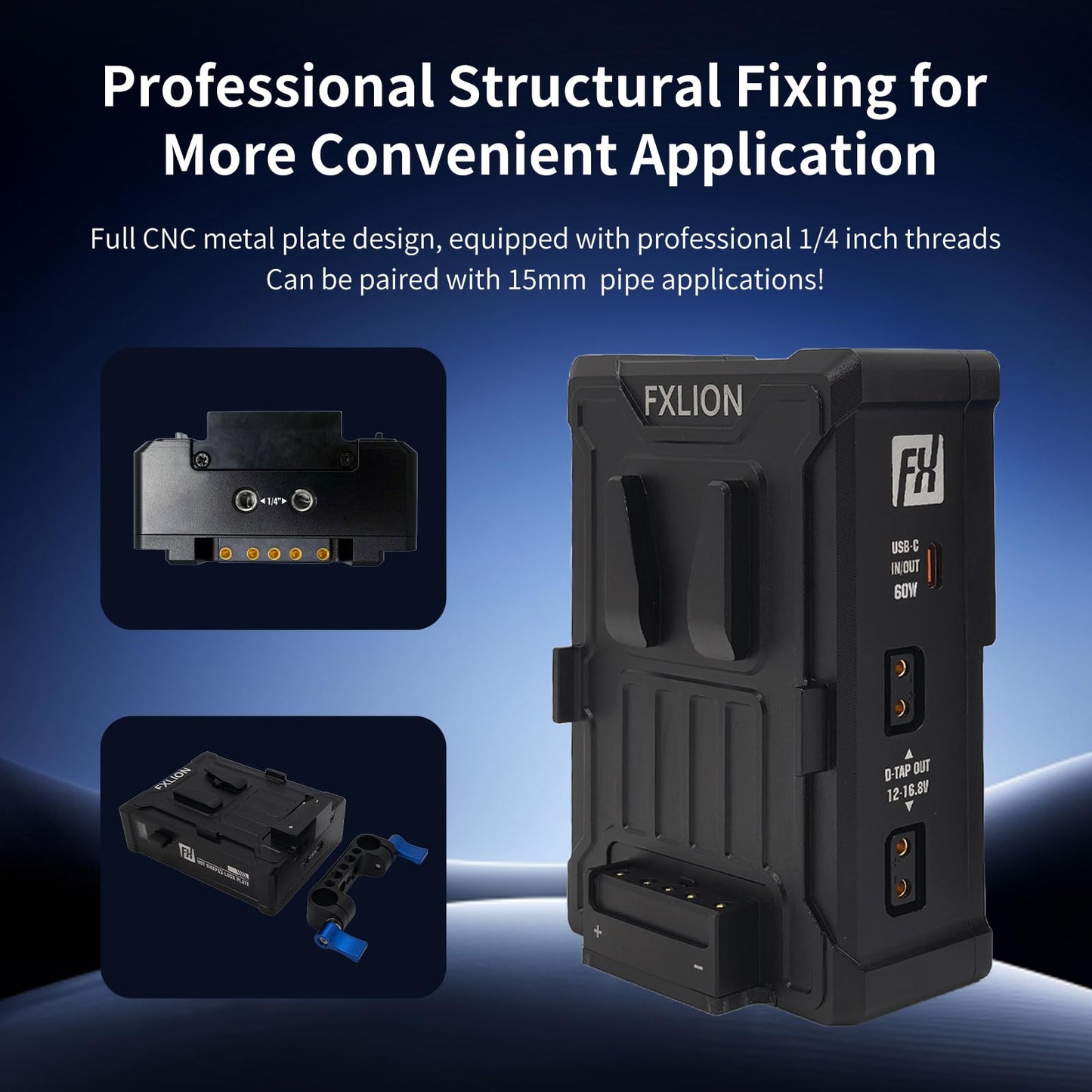 FXLION Hot Swap V Mount Battery Plate, Universal Camera Mount Clamp with 120s Power Buffer, 1 USB-C in/Out, 2 USB-C & 2 D-tap Outputs, OLED Display for Cinema Cameras, Lights & Tripod Rig - FX-VS40