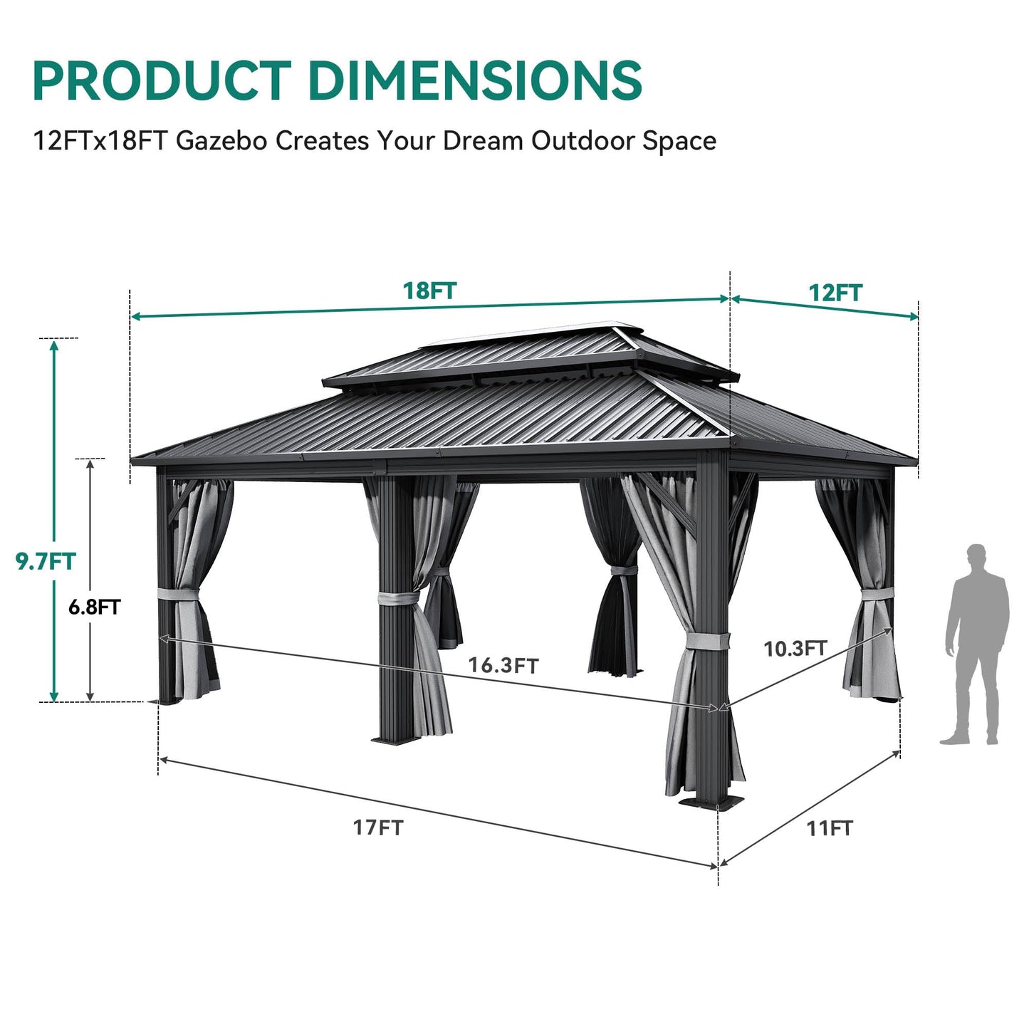 YITAHOME Hardtop Gazebo Aluminum Pillar Double Roof Canopy Galvanized Iron Steel Top Garden Tent Curtains Netting for Patios Backyards Decks Lawns, Gray, 12X18FT