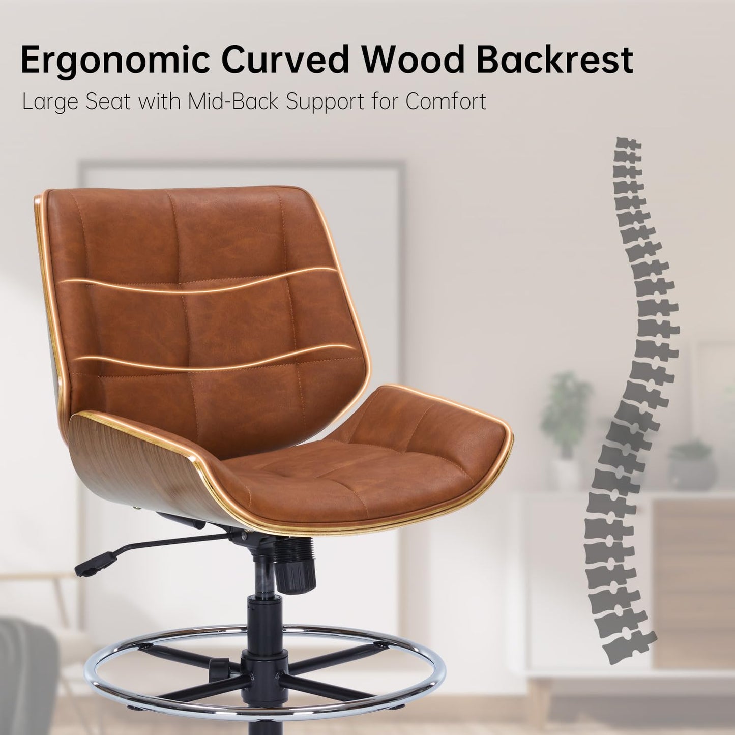 Drafting Office Chair Ergonomic Executive Computer Standing Desk Chair with Adjustable Height and Footrest Ring, Drafting Chair for Counter Height Desk and Drawing (Brown)