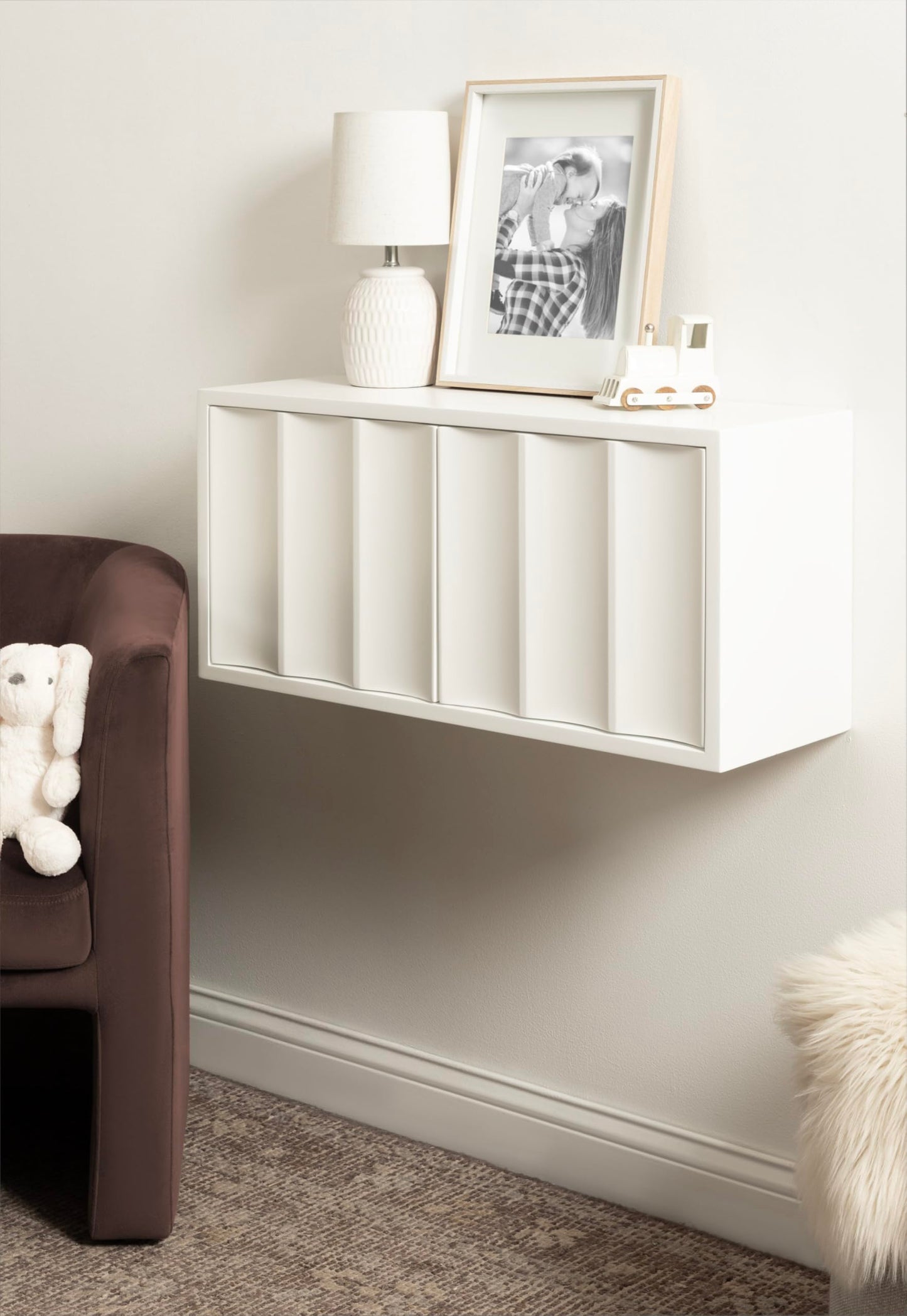 Kate and Laurel Sartell Modern Wooden Two-Door Wall Cabinet, 30 x 10 x 14, White, Decorative Modern Storage Cabinet with Dimensional Face for Use as Floating Nightstand or Cute Nursery Shelf Storage