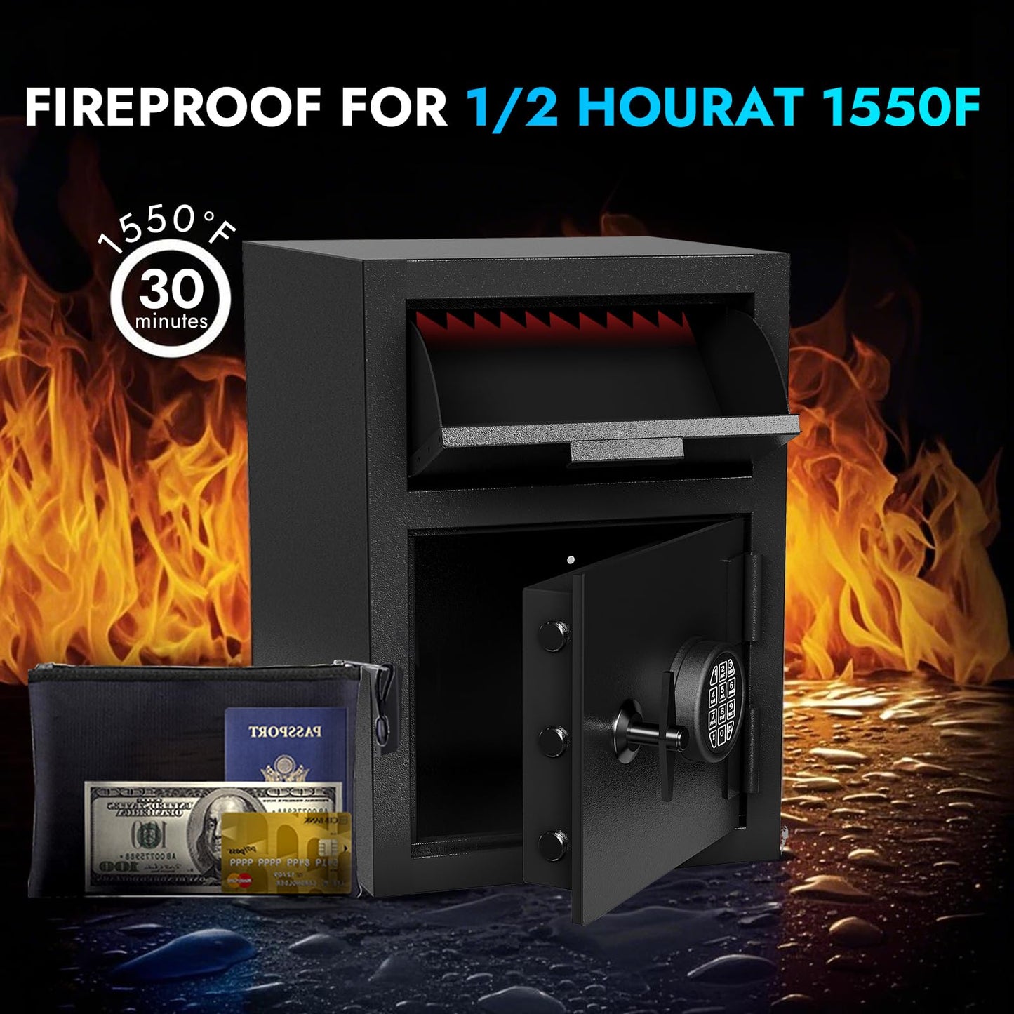 BUTISOW 2.6 CUB Commercial Front-Drop Fireproof Safe, Money Safe Box with Anti-Fishing & Fireproof Bag for Home, Office, Jewelry, Documents (2.6 Cuft Drop Safe)