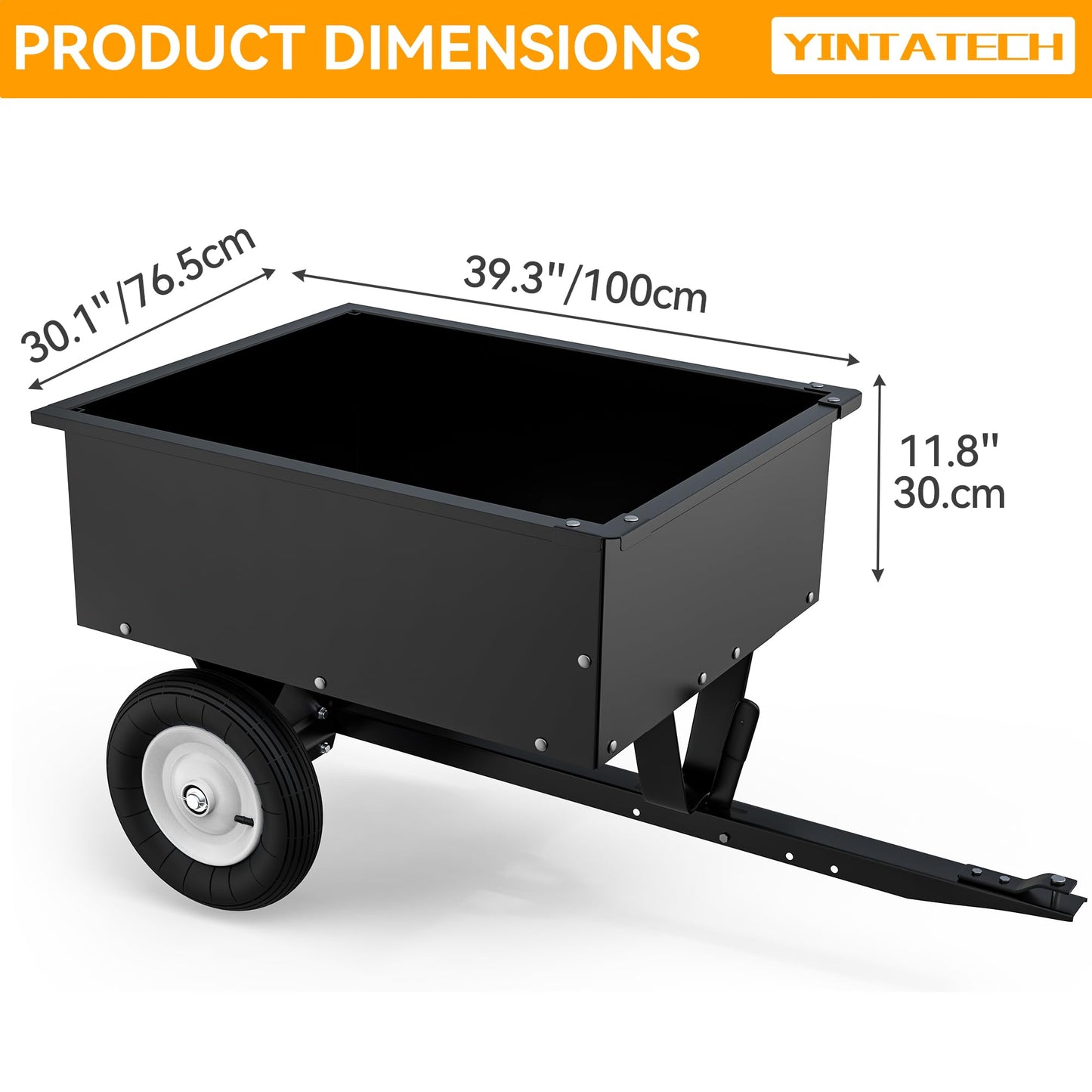 YINTATECH ATV Trailer Steel Dump Cart, Heavy Duty Pull Behind Dump Trailer with Removable Tailgate, Yard Garden Utility Trailer for Lawn Mower Trailer Tractor, 350lbs Capacity, Black