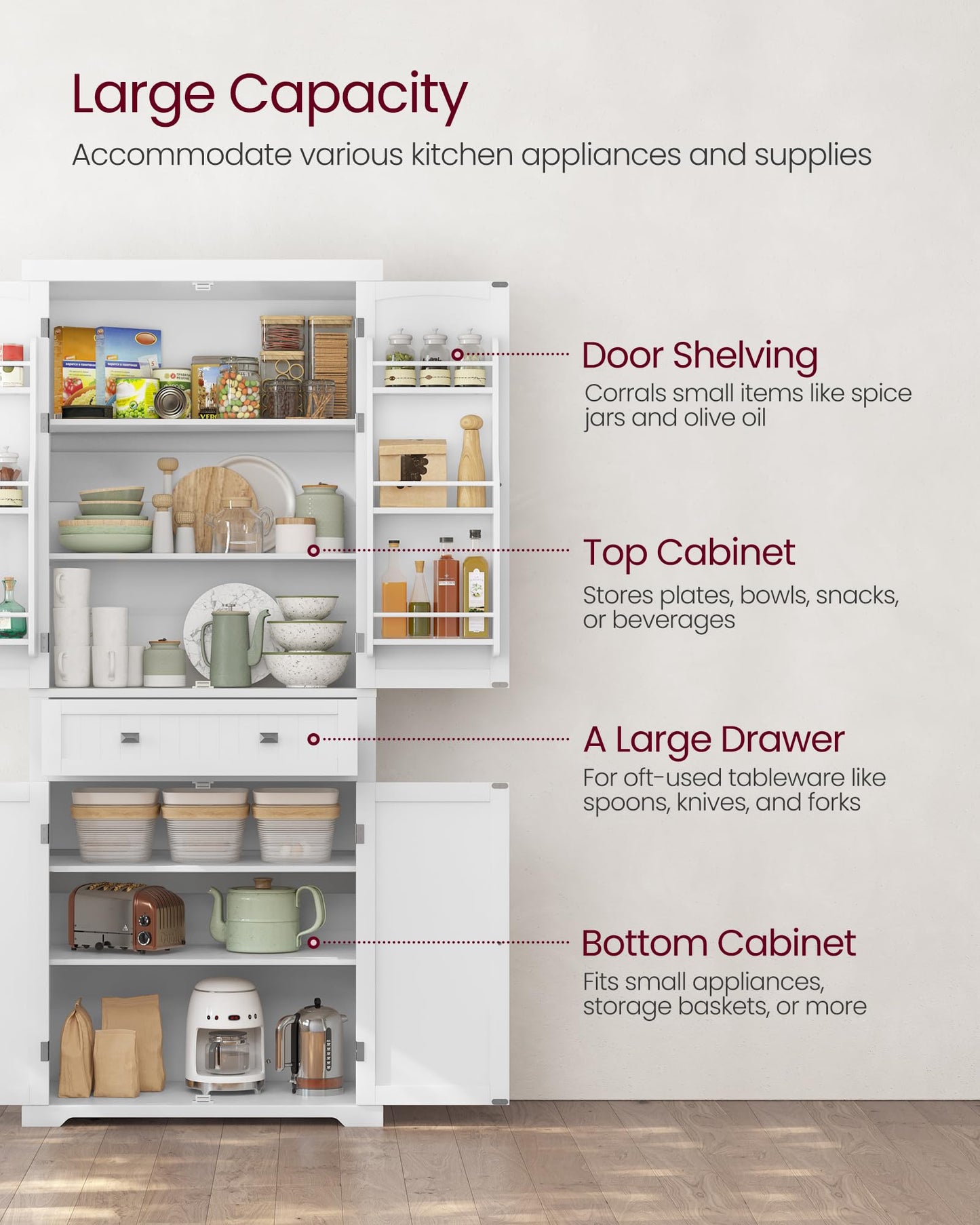 VASAGLE Pantry Cabinet, 71.7-Inch High Freestanding Tall Cupboard Storage Cabinet with a Drawer, 2 Cabinets, 4 Adjustable Shelves, 6 Door Shelves, for Living Room, Kitchen, White UBBC561P31V2