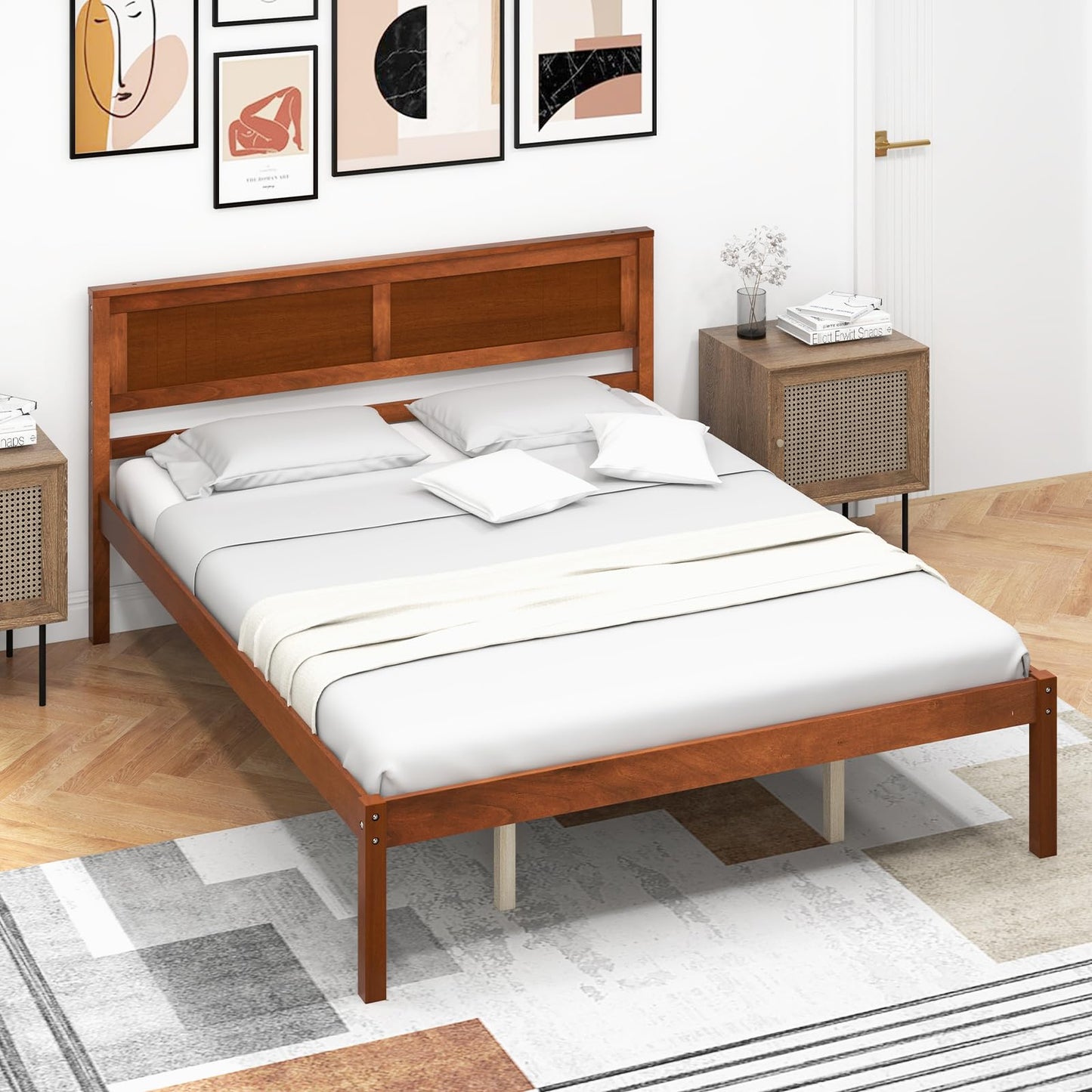 Giantex Wood Queen Platform Bed with Headboard, Mid Century Solid Wood Bed Frame with Wood Slat Support, Wooden Mattress Foundation with 12" Under Bed Storage for Bedroom, Easy Assembly, Walnut