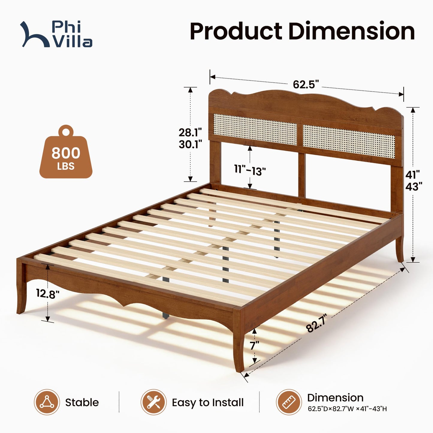 PHI VILLA Rattan Queen Size Bed Frame with Headboard, Natural Solid Wood Bed Frames, Vintage Bedframe, No Box Spring Needed, Brown