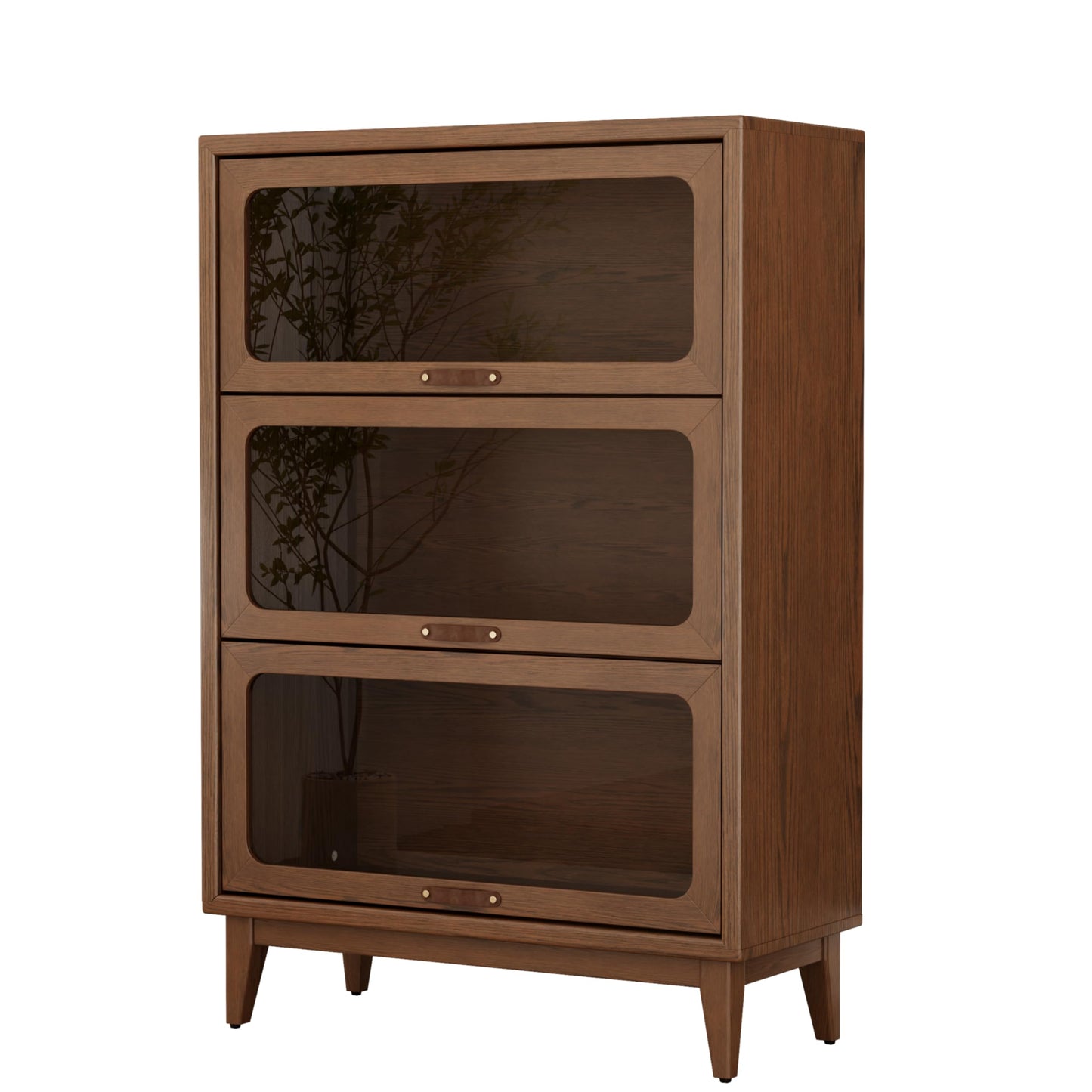 AQIMUELE Solid Wood Storage Cabinet with Glass Doors, 3 Shelf Small Storage Cabinet, Mid Century Modern Bookcase, Kitchen Pantry Cabinet (Walnut-Clear Glass, 31.5" W)