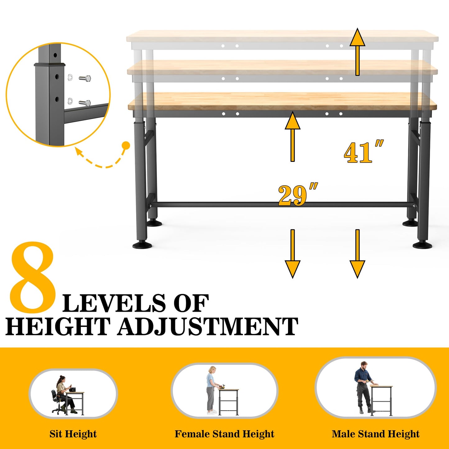 Ultrawall Workbench for Garage, Adjustable Height Work Table, Heavy Duty Rubber Wood Workstation for Workshop, Office, Home (60 x 23.5 inch)