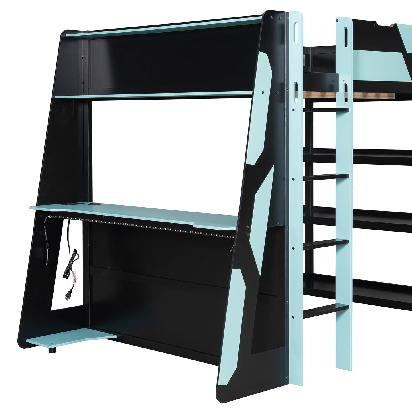 Merax Full Size Gaming Loft Bed with Side-Mounted Desk & 3-Tier Storage Shelves. Space-Saving Bedroom Set with Built-in Power Outlets & USB Ports for Teens & Gamers, Black+Blue