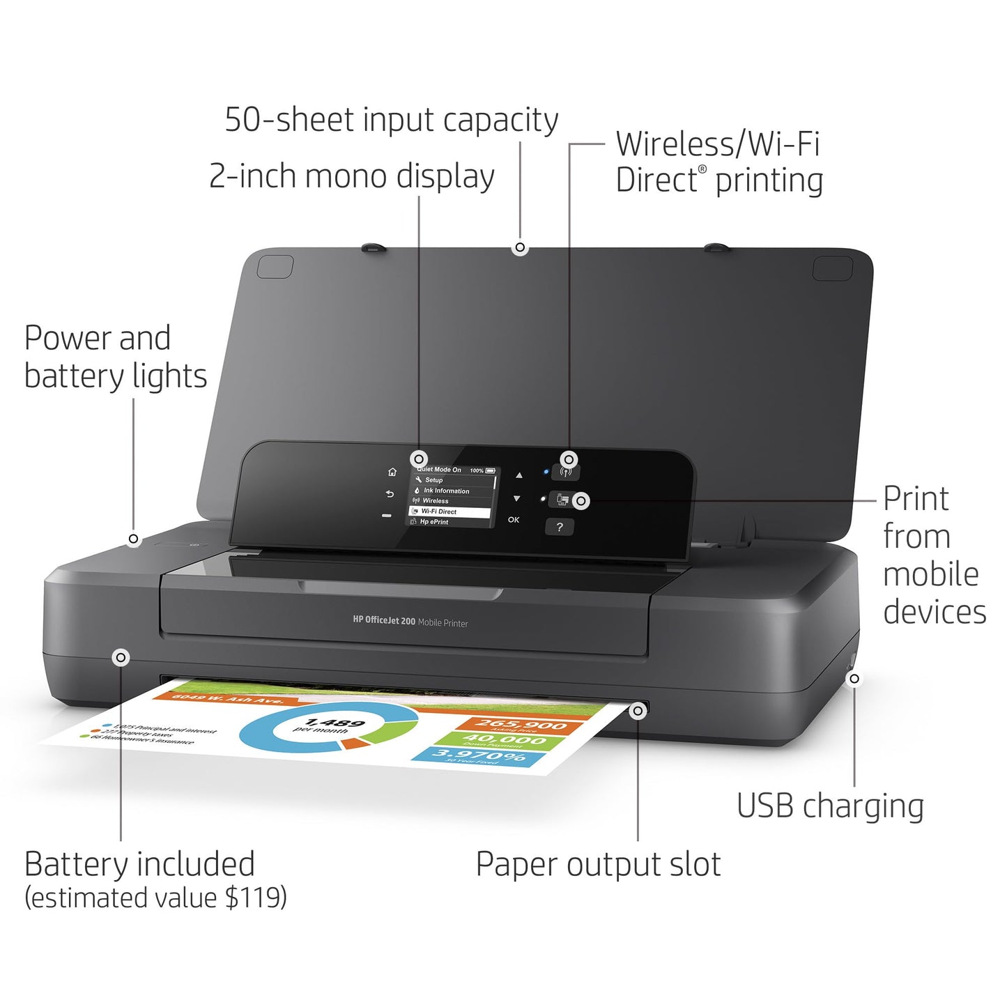 HP OfficeJet 200 Wireless Mobile Printer - Black, Battery Included (CZ993A)