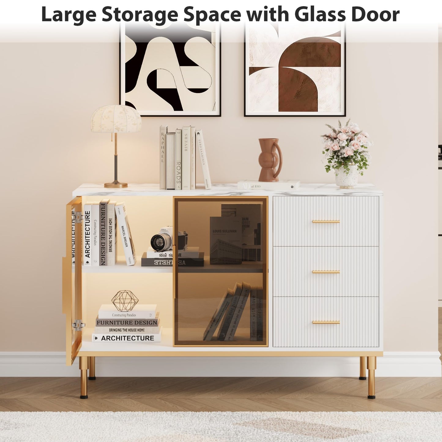 GAOMON Buffet Sideboard Cabinet with Storage, 46.4" Large Fluted Kitchen Sideboard Cabinet with 2 Glass Doors 3 Drawers and Shelves, Faux Marble Top Buffet Table for Dining Room, Living Room, White