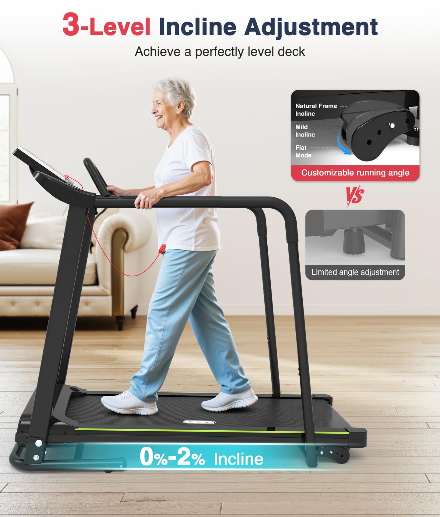 Redliro Walking Treadmill for Seniors with Long Handrails - 0.3 MPH Slow Start, 300 lb Capacity Recovery Foldable Treadmill for Home, 0–2% Incline Fully Flat, Auto Lubrication