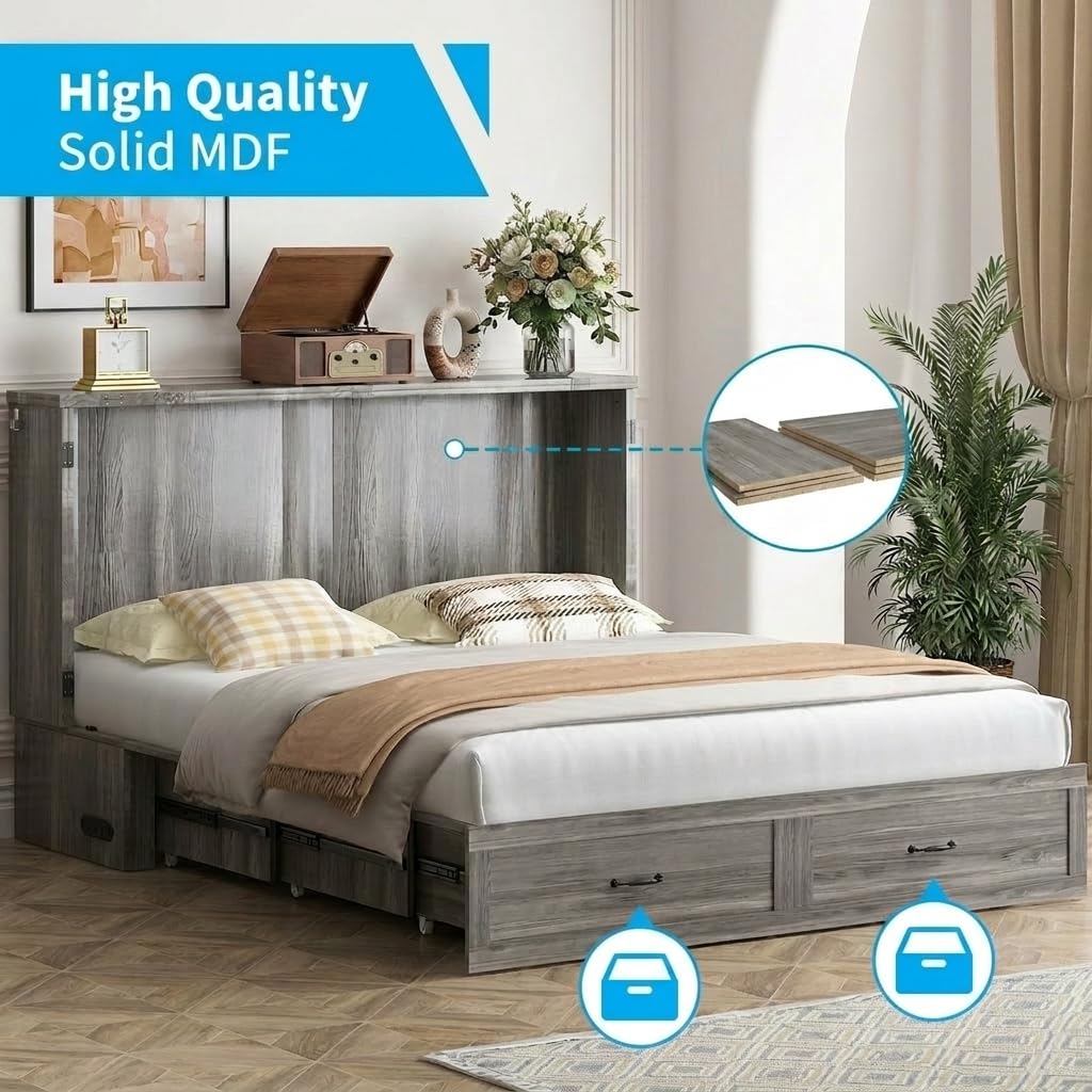 Mjkone Murphy Bed, Cabinet Beds Queen Size with Mattress Included, USB Charging Port, Drawer, Space Saving Queen Murphy Chest Bed, Hidden Cabinet Guest Wall Beds for Bedroom, Apartment, Grey