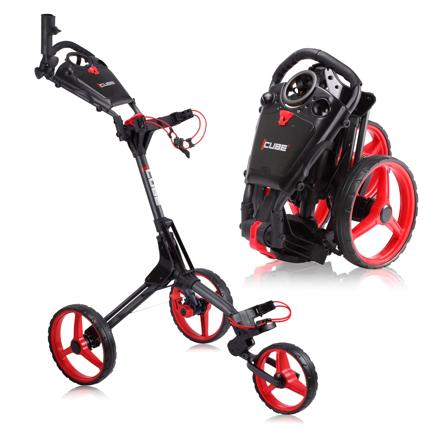 CUBE CART 3-Wheel Golf Push Cart – Ultra-Compact 14.5 lb Folding Golf Trolley, Two-Step Fold, Adjustable Handle, Foot Brake, Umbrella Holder & Built-in Storage - Charcoal/Red