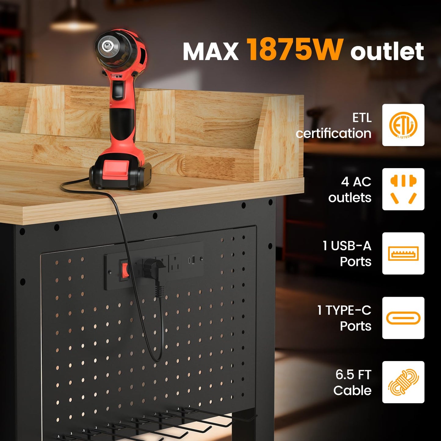Workbench Adjustable Height Heavy Duty Work Bench with Storage, 2200 LBS Load Capacity Work Table, Pegboard, Built-in Power Outlet, Lockable Wheels for Garage, Workshop, Warehouse & Home