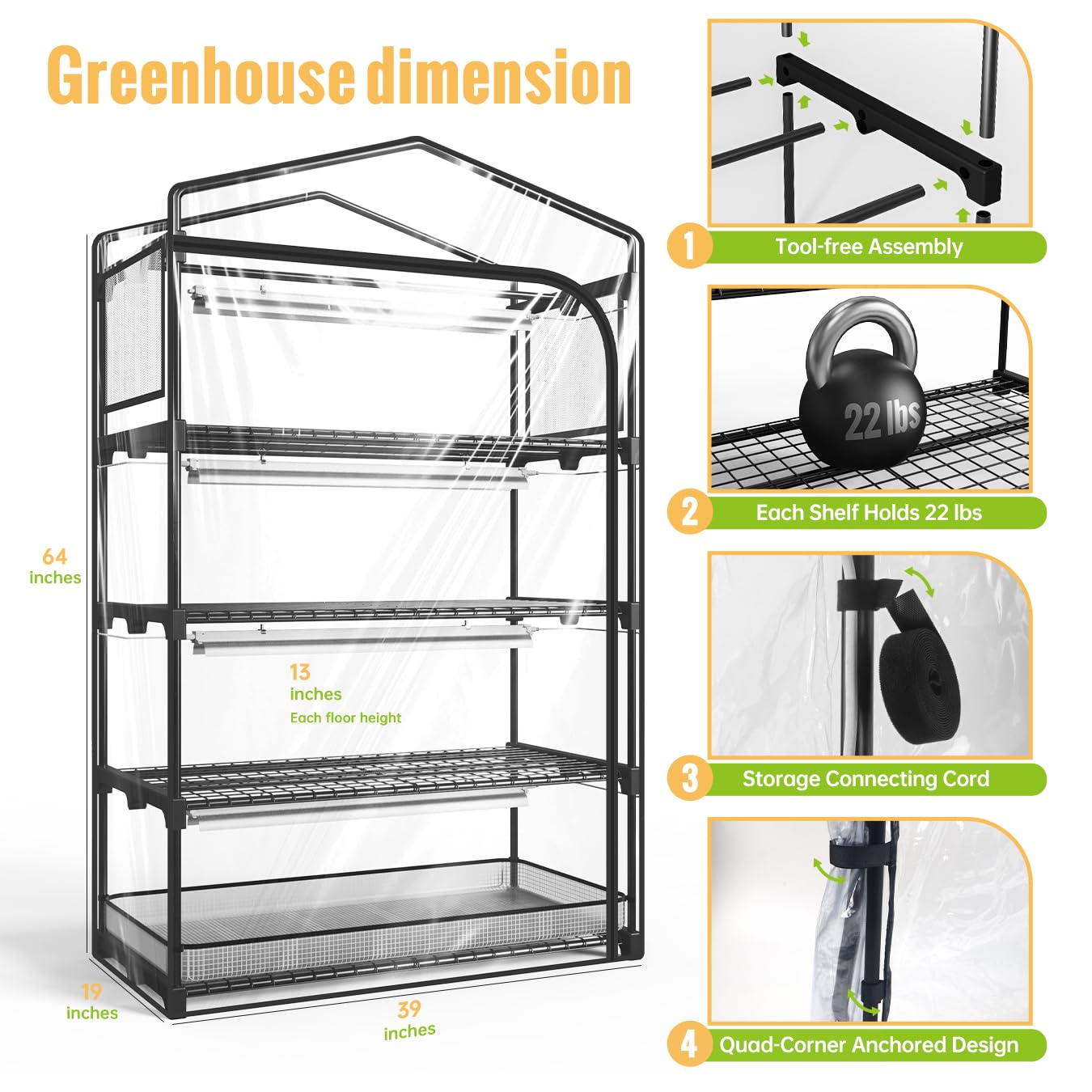 SpeePlant Indoor Greenhouse with Grow Light, 4-Tier Plant Shelf with T5 1.6FT 32W Full Spectrum LED Grow Light for Seed Starting, Succulent, Settable Timer Socket, 39" L x 19" W x 64" H