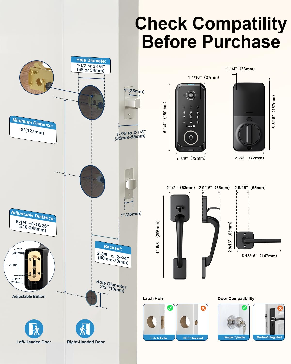 Smart Front Door Lock Sets: 2K HD Camera Lock with Doorbell Kits, Hornbill Fingerprint Keyless Entry Door Lock with Handles, WiFi Deadbolt(only 2.4G) for Remote Control, Free APP/Alexa/PIR, Black