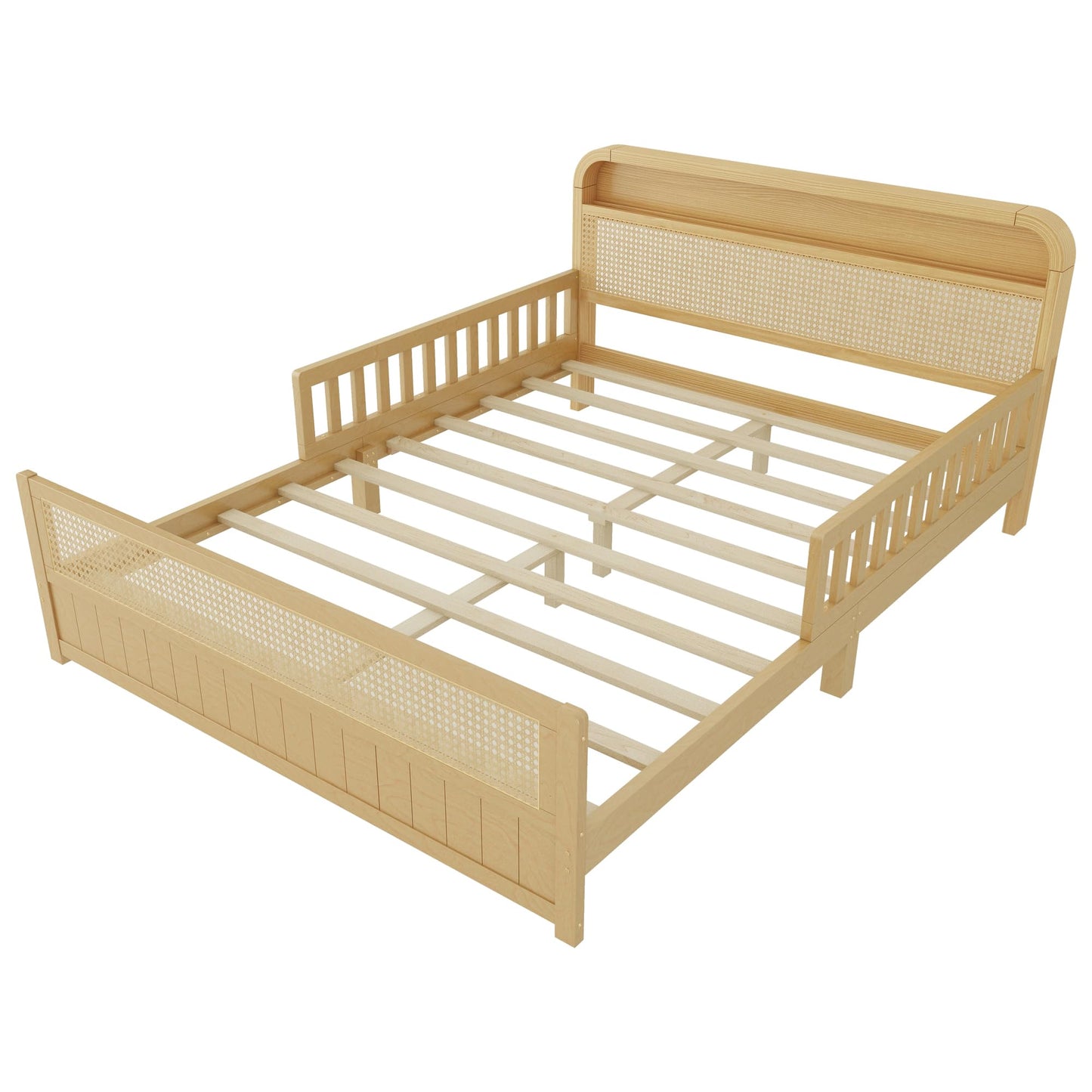 KEIKI Full Size Pine Wood Platform Bed Frame with Storage Headboard & Footboard, for Boys & Girls, Rattan Bed with Solid Slat & Guardrails, No Box Spring Required, Easy Assembly, for Bedroom, Natural