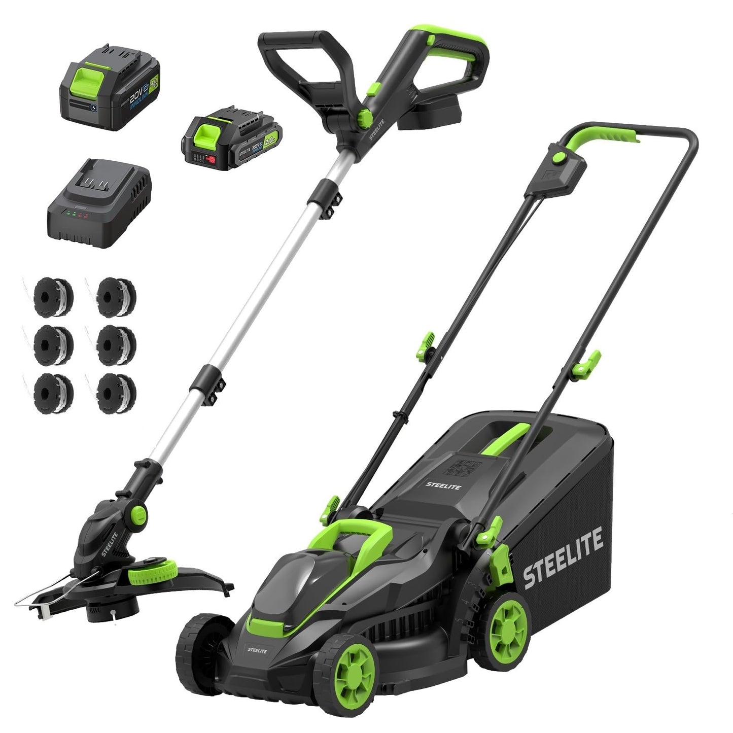 STEELITE 20V Cordless Lawn Mower & String Trimmer Combo, 13" Electric Lawn Mower & 12" 2-in-1 Trimmer Edger Set, 4.0Ah + 2.0Ah Batteries, Charger & 5 Spools, Lightweight Lawn Care Kit for Small Yard