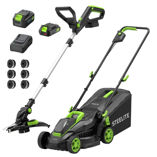 STEELITE 20V Cordless Lawn Mower & String Trimmer Combo, 13" Electric Lawn Mower & 12" 2-in-1 Trimmer Edger Set, 4.0Ah + 2.0Ah Batteries, Charger & 5 Spools, Lightweight Lawn Care Kit for Small Yard