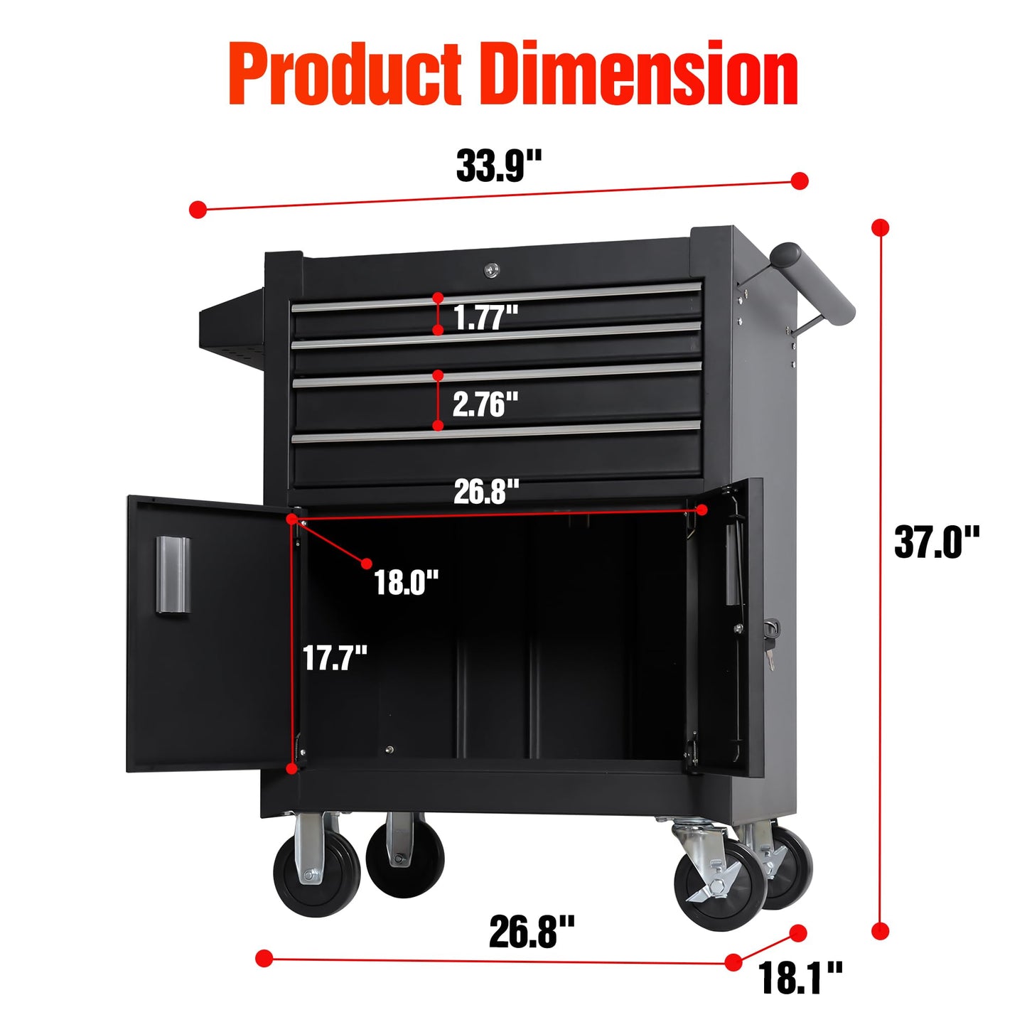 TANKSTORM 4-Drawer Rolling Tool Chest with Cabinet, Heavy Duty Metal Tool Box on Wheels, Lockable Rolling Tool Cabinet with Drawers & Doors, Garage Tool Storage Organizer for Workshop, Repair Shop