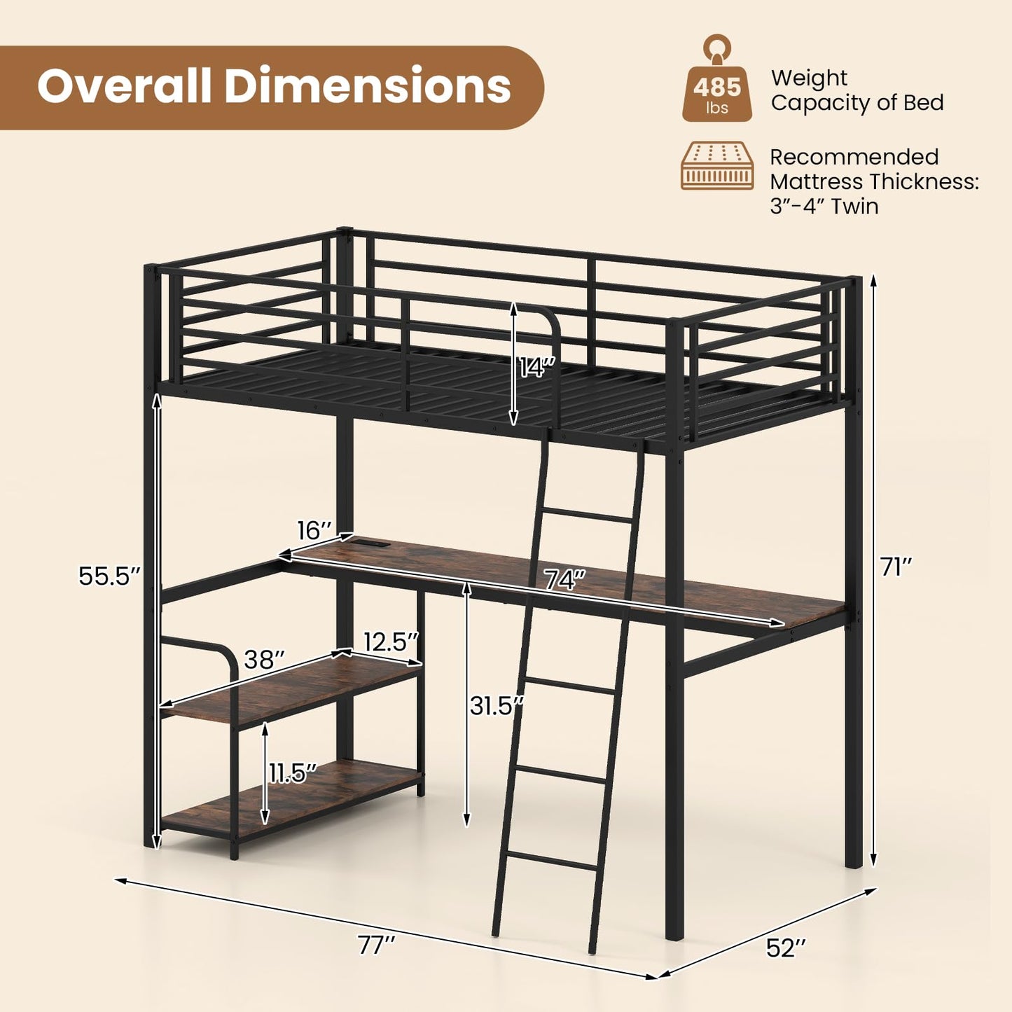 KOMFOTT Twin Loft Bed with Desk & Shelves, Heavy Duty Metal Bed Frame with Charging Station, Inclined Ladder & Guardrails, Space-Saving Metal Loft Bed for Kids, Teens, Adults, No Box Spring Needed