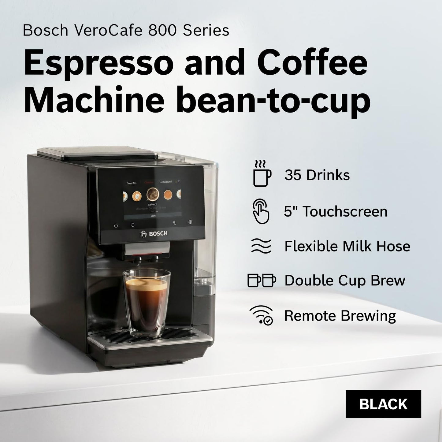 Bosch Fully Automatic Coffee and Espresso Machine - 35 Drinks, Double Cup Barista Style Super Coffee Maker - Touchscreen, Large Bean Capacity - Easy Clean, Maintenance - Black - TPU60309