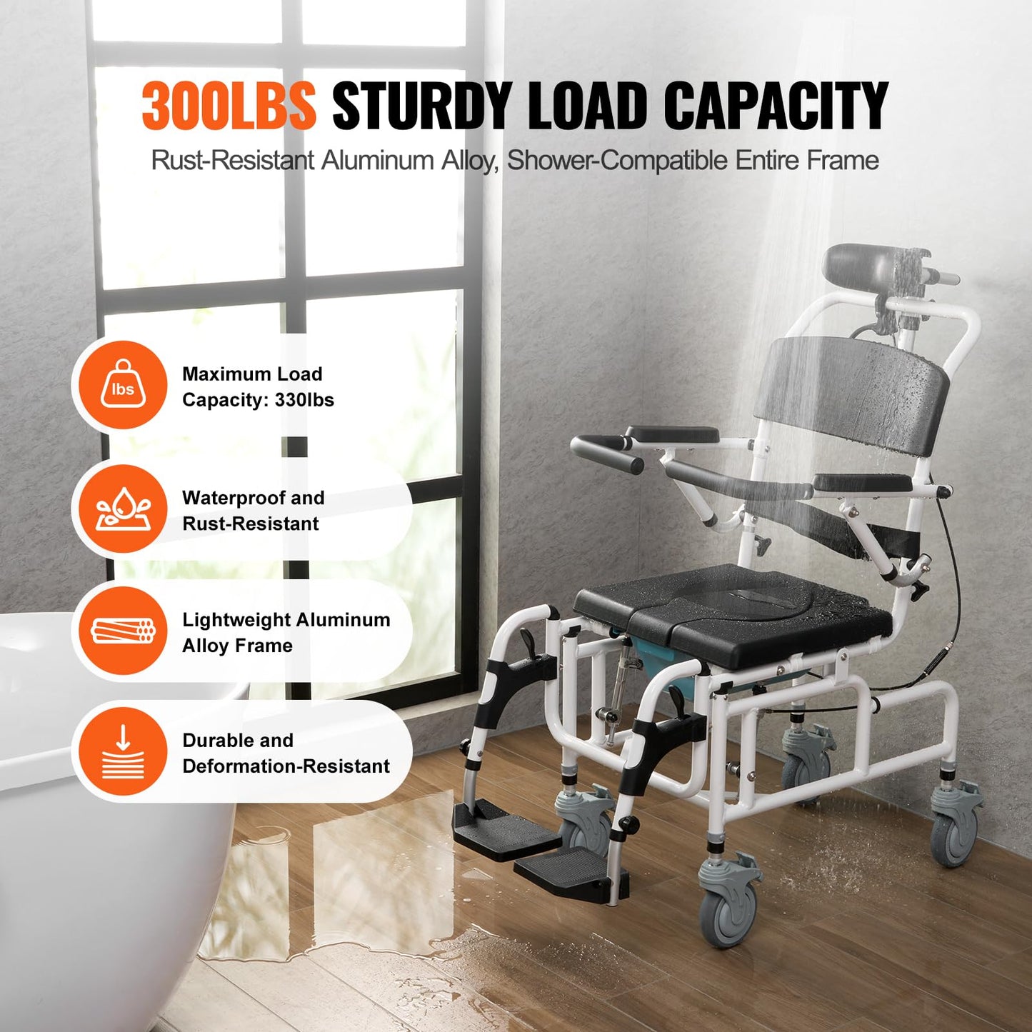 VEVOR Shower Wheelchair, 17.5in Width Aluminum Alloy Bathroom Wheelchair for Inside Shower, Adjustable Rolling Shower Chair w/Brake for Disabled Adult, 300 lbs Capacity Shower Transport Chair