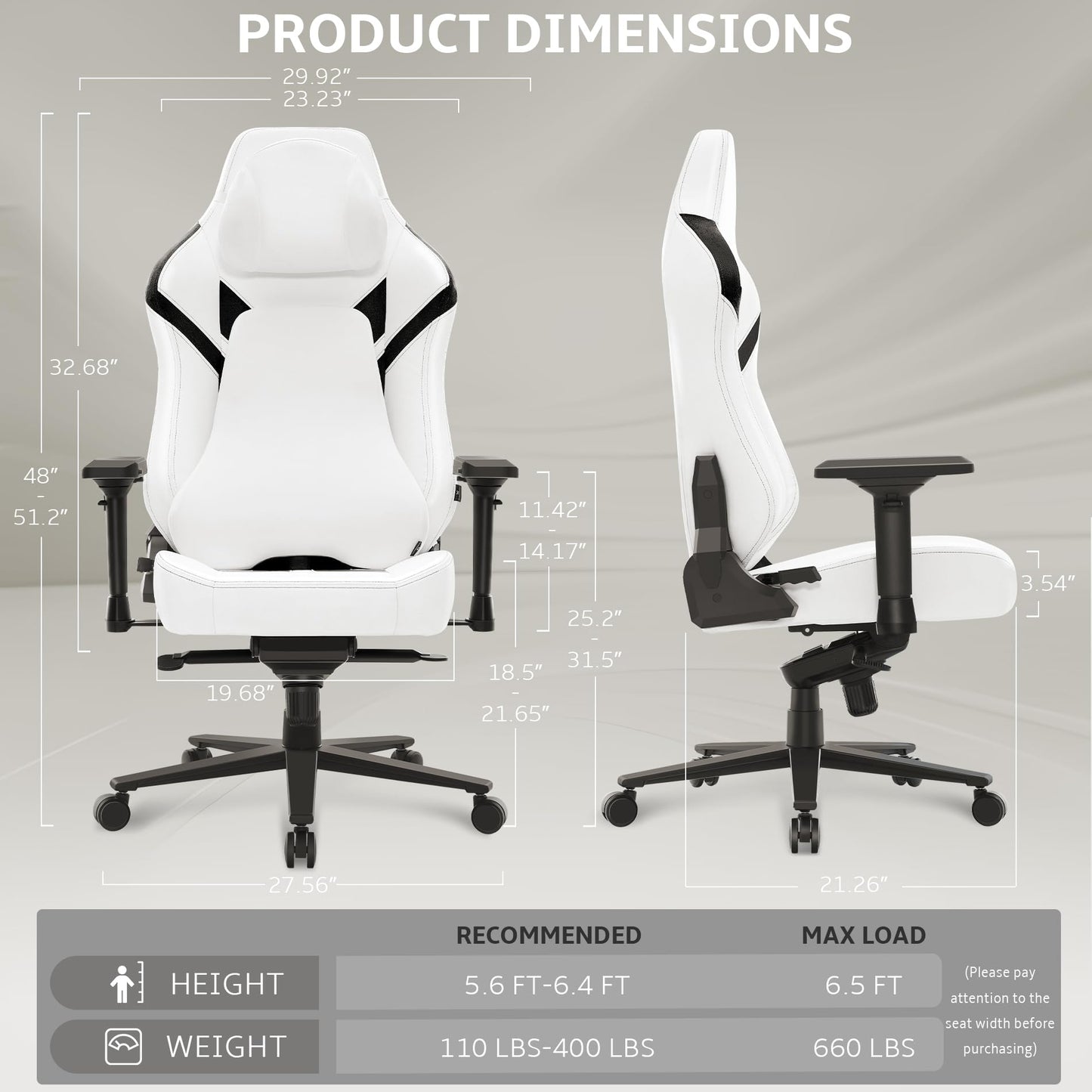 Ergonomic Gaming Chair, Wyrdforging Computer Desk Chairs, 4D Armrests, High Back Office Chair With Headrest & Lumbar Pillow, Tilt Rocker Recliner, Heavy-Duty Base, White PU Leather & Black Suede Combo
